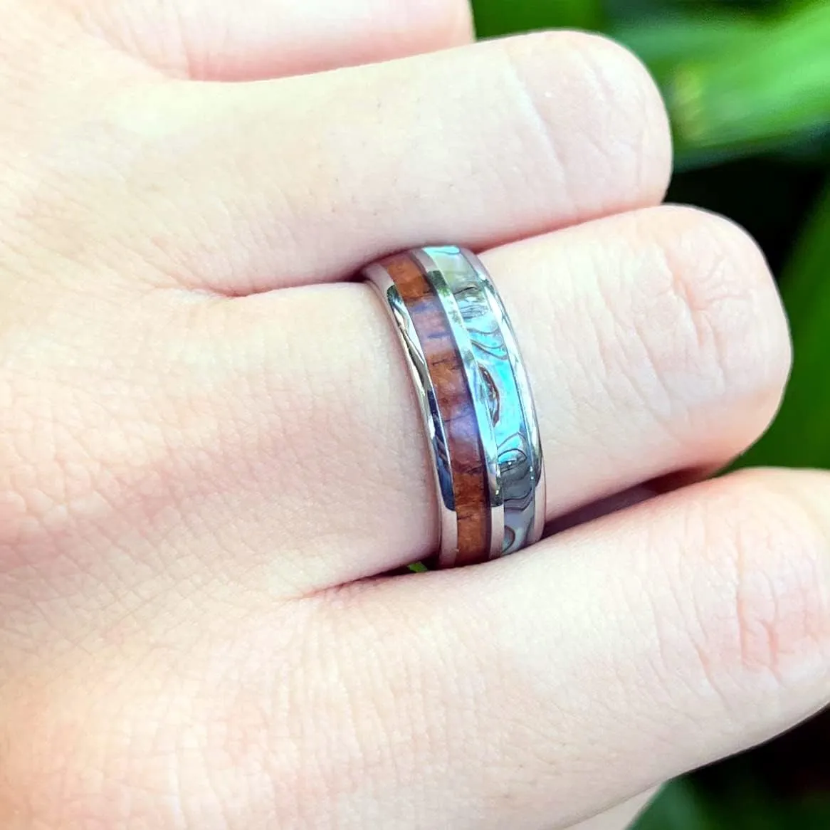Aloha Jewelry Company 8mm Tungsten Carbide Hawaiian Koa Wood Tree and Abalone Shell Inlay Mauka to Makai Comfort Fit Ring Engagement Wedding Band Dome Style Weighted High Polished with Gift Box