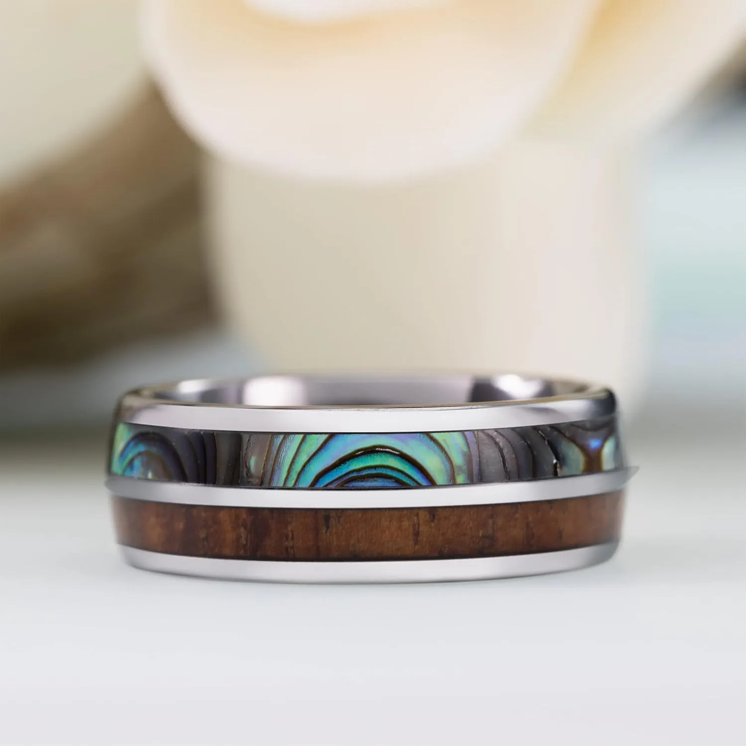 Aloha Jewelry Company 8mm Tungsten Carbide Hawaiian Koa Wood Tree and Abalone Shell Inlay Mauka to Makai Comfort Fit Ring Engagement Wedding Band Dome Style Weighted High Polished with Gift Box