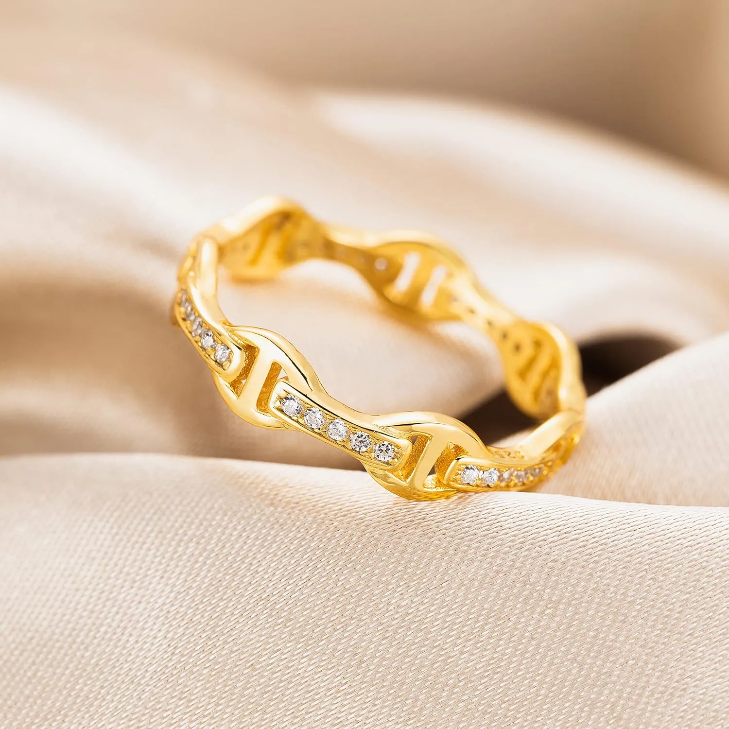 Aloha Jewelry Company 925 Sterling Silver 18K Gold Plated Cubic Zirconia Maritime Mariner Anchor Chain Link Stackable Ring Wedding Band, Nickel Free Hypoallergenic for Sensitive Skin, with Gift Box