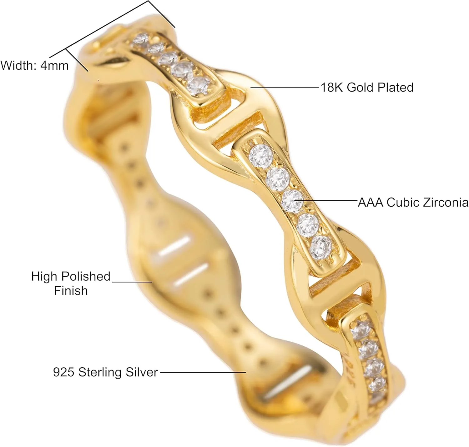 Aloha Jewelry Company 925 Sterling Silver 18K Gold Plated Cubic Zirconia Maritime Mariner Anchor Chain Link Stackable Ring Wedding Band, Nickel Free Hypoallergenic for Sensitive Skin, with Gift Box