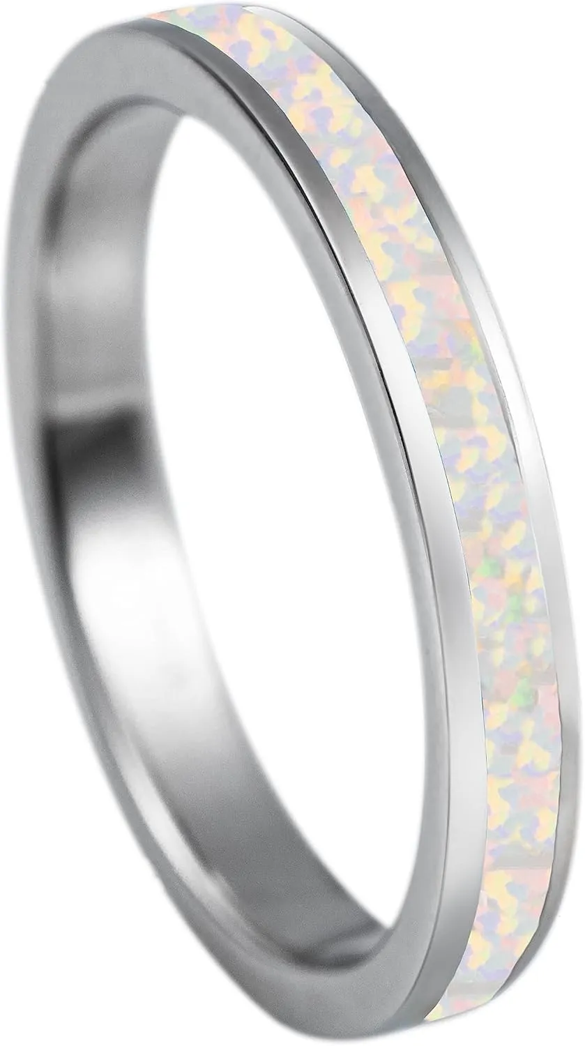Aloha Jewelry Company 925 Sterling Silver 3mm Opal Stackable Wedding Ring Eternity Band, Blue White Opal, Rhodium Plated, Hypoallergenic for Sensitive Skin, Gift Box Included