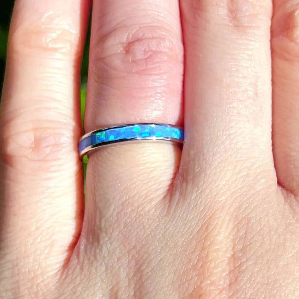 Aloha Jewelry Company 925 Sterling Silver 3mm Opal Stackable Wedding Ring Eternity Band, Blue White Opal, Rhodium Plated, Hypoallergenic for Sensitive Skin, Gift Box Included