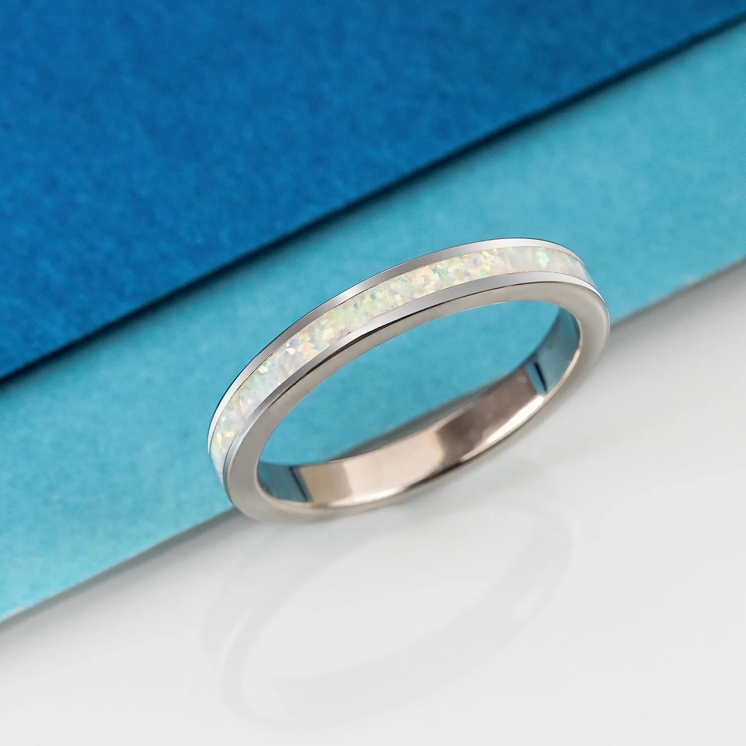 Aloha Jewelry Company 925 Sterling Silver 3mm Opal Stackable Wedding Ring Eternity Band, Blue White Opal, Rhodium Plated, Hypoallergenic for Sensitive Skin, Gift Box Included
