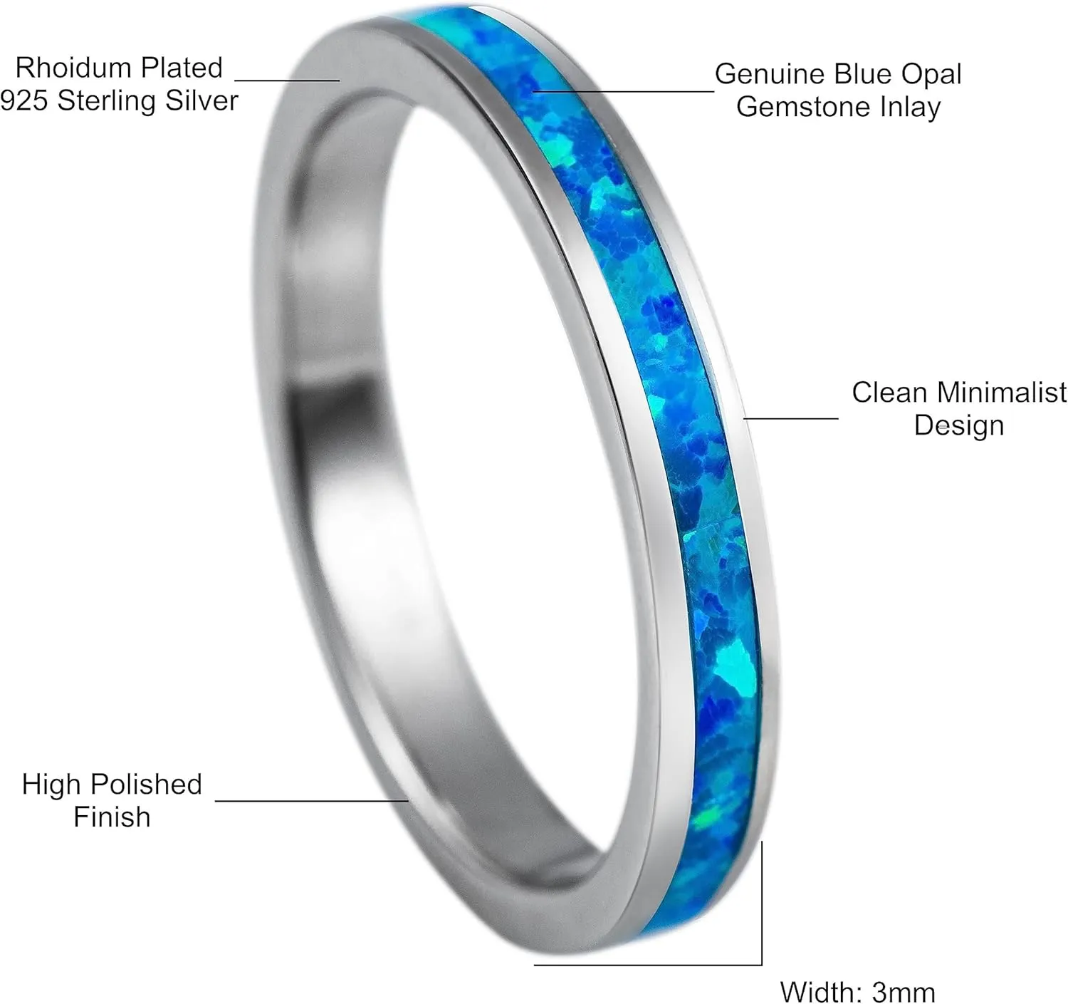 Aloha Jewelry Company 925 Sterling Silver 3mm Opal Stackable Wedding Ring Eternity Band, Blue White Opal, Rhodium Plated, Hypoallergenic for Sensitive Skin, Gift Box Included
