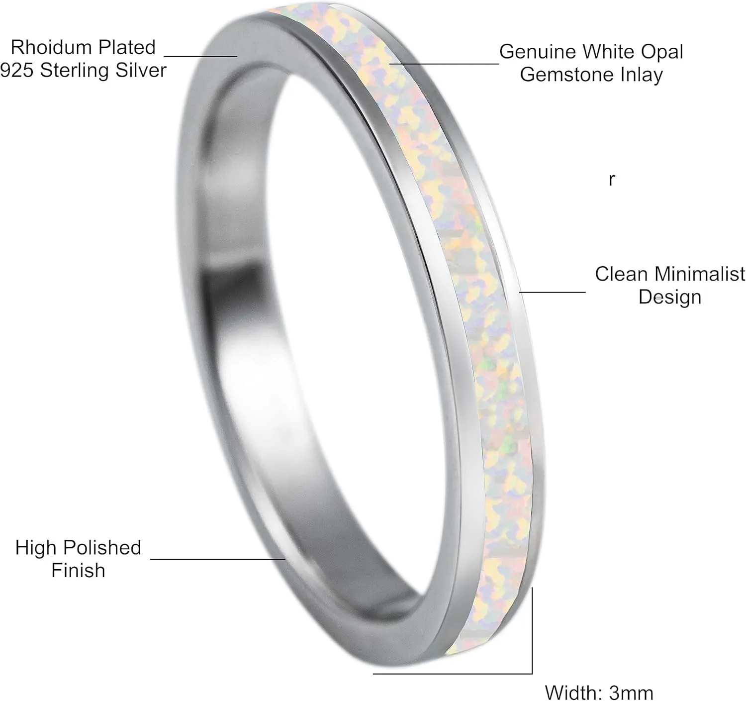 Aloha Jewelry Company 925 Sterling Silver 3mm Opal Stackable Wedding Ring Eternity Band, Blue White Opal, Rhodium Plated, Hypoallergenic for Sensitive Skin, Gift Box Included