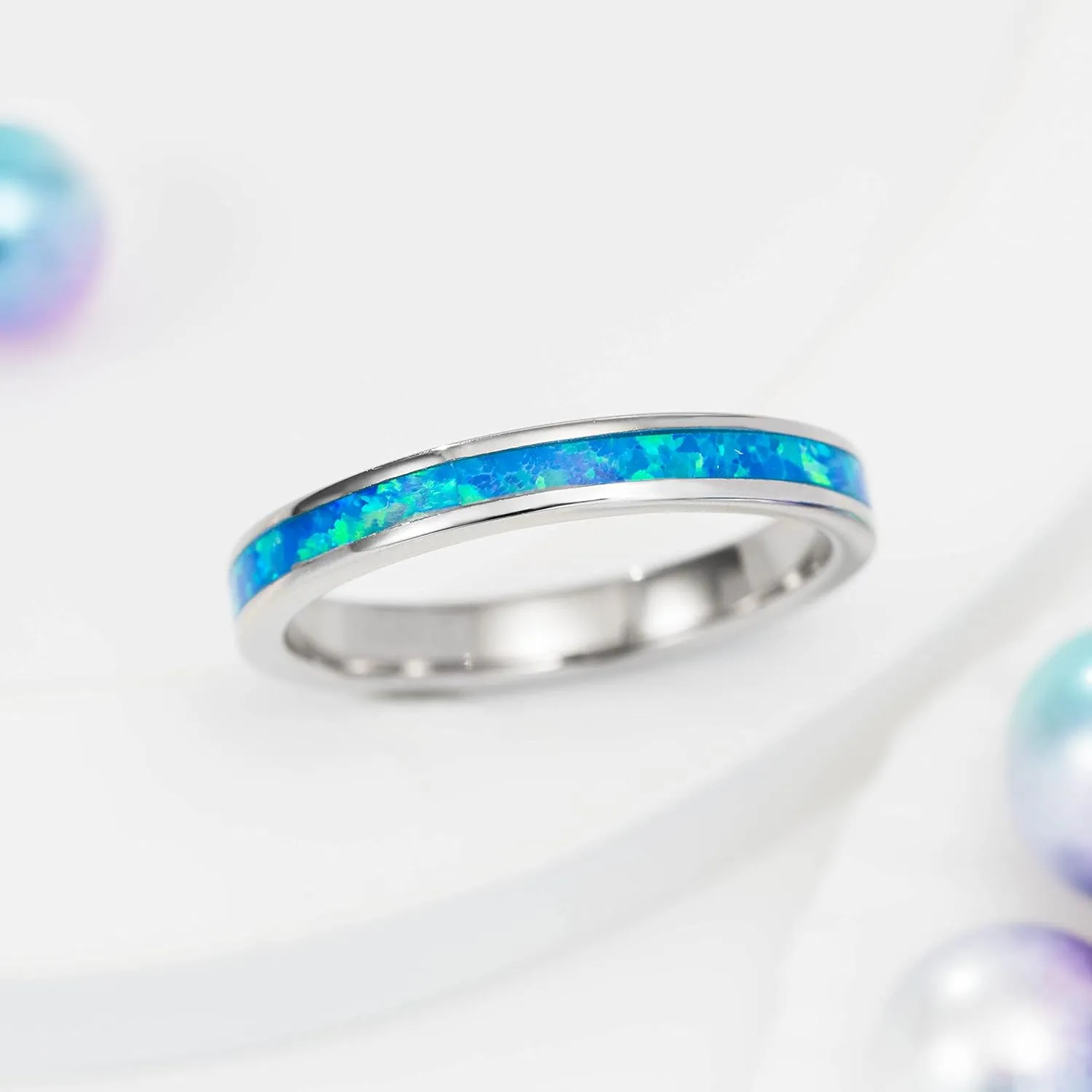 Aloha Jewelry Company 925 Sterling Silver 3mm Opal Stackable Wedding Ring Eternity Band, Blue White Opal, Rhodium Plated, Hypoallergenic for Sensitive Skin, Gift Box Included