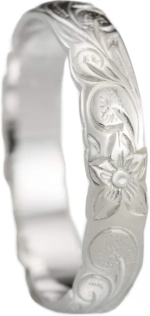 Aloha Jewelry Company 925 Sterling Silver 4mm Hawaiian Princess Plumeria Flower Scroll Ring Stackable Wedding Engagement Band, Nickel Free Hypoallergenic for Sensitive Skin, Gift Box Included
