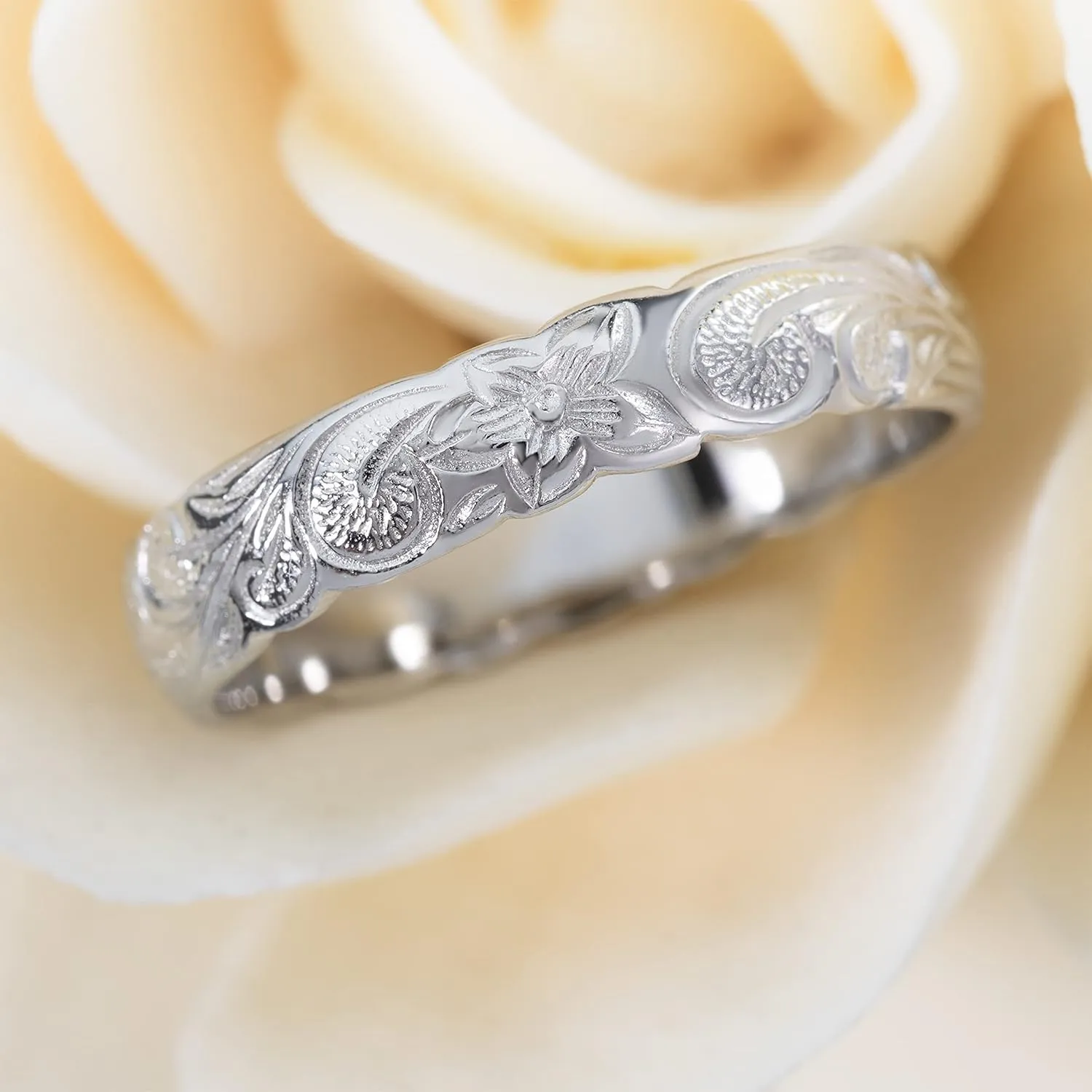Aloha Jewelry Company 925 Sterling Silver 4mm Hawaiian Princess Plumeria Flower Scroll Ring Stackable Wedding Engagement Band, Nickel Free Hypoallergenic for Sensitive Skin, Gift Box Included