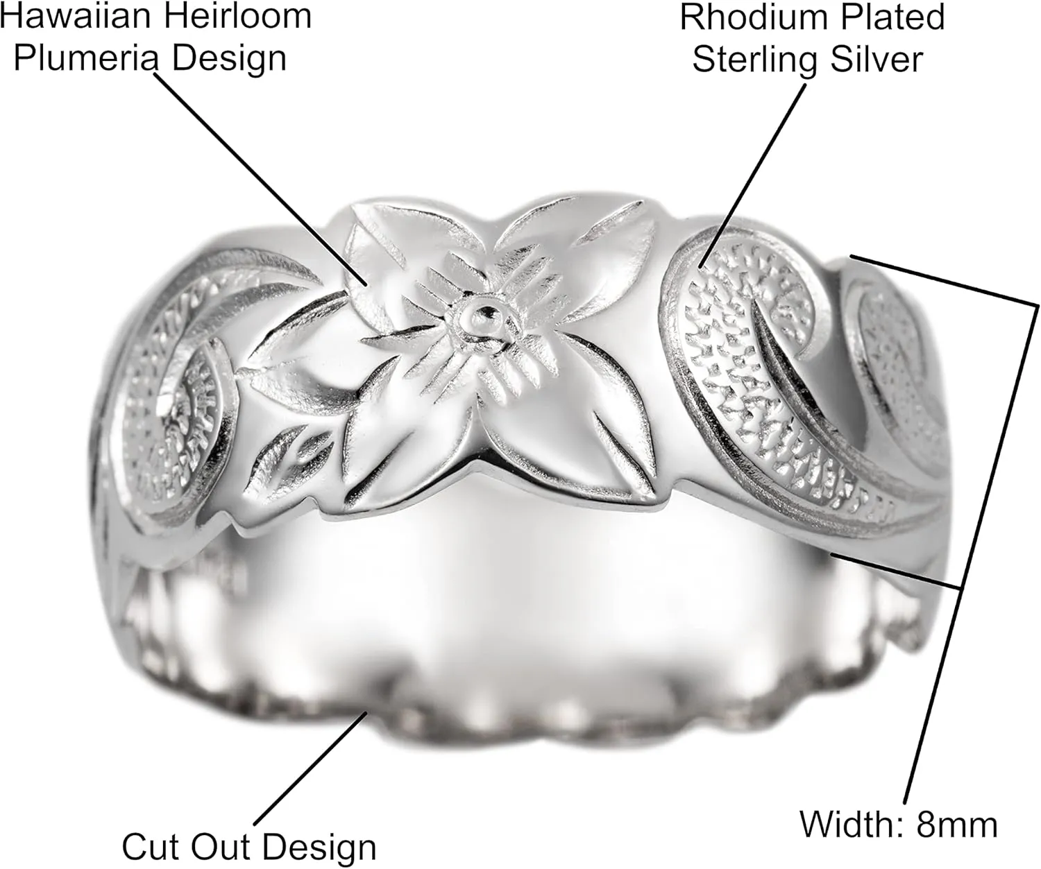 Aloha Jewelry Company 925 Sterling Silver 8mm Hawaiian Princess Plumeria Flower Scroll Promise Ring Stackable Wedding Engagement Band, Nickel Free Hypoallergenic for Sensitive Skin, Gift Box Included