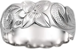 Aloha Jewelry Company 925 Sterling Silver 8mm Hawaiian Princess Plumeria Flower Scroll Promise Ring Stackable Wedding Engagement Band, Nickel Free Hypoallergenic for Sensitive Skin, Gift Box Included