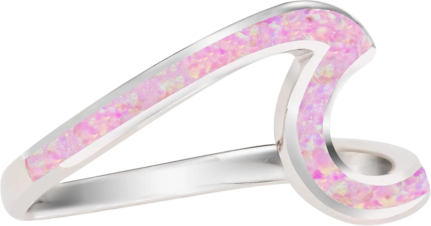Aloha Jewelry Company 925 Sterling Silver Created Opal Ocean Beach Wave Ring for Women Wedding Band Hawaii, Nickel Free and Hypoallergenic For Sensitive Skin, With Gift Box
