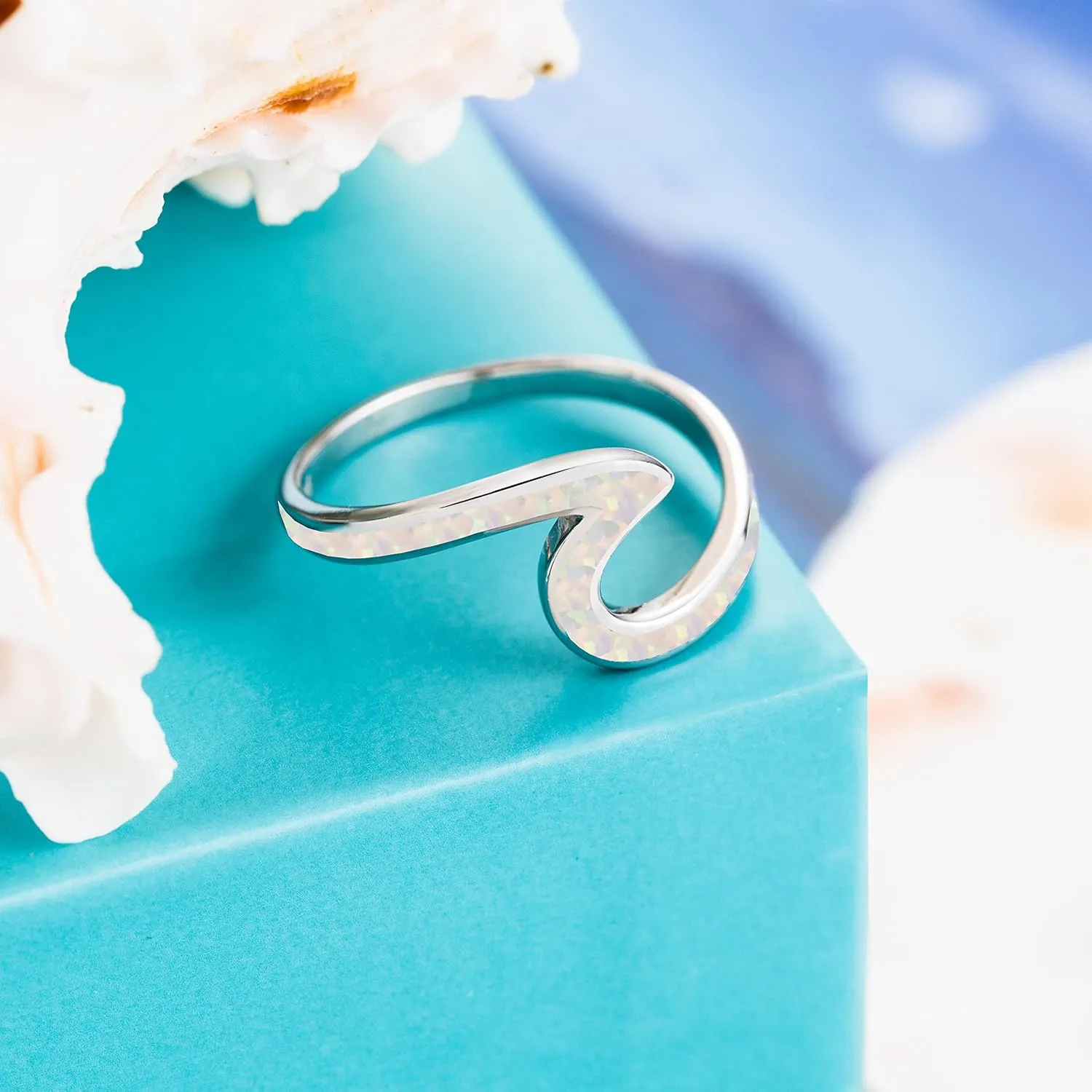 Aloha Jewelry Company 925 Sterling Silver Created Opal Ocean Beach Wave Ring for Women Wedding Band Hawaii, Nickel Free and Hypoallergenic For Sensitive Skin, With Gift Box