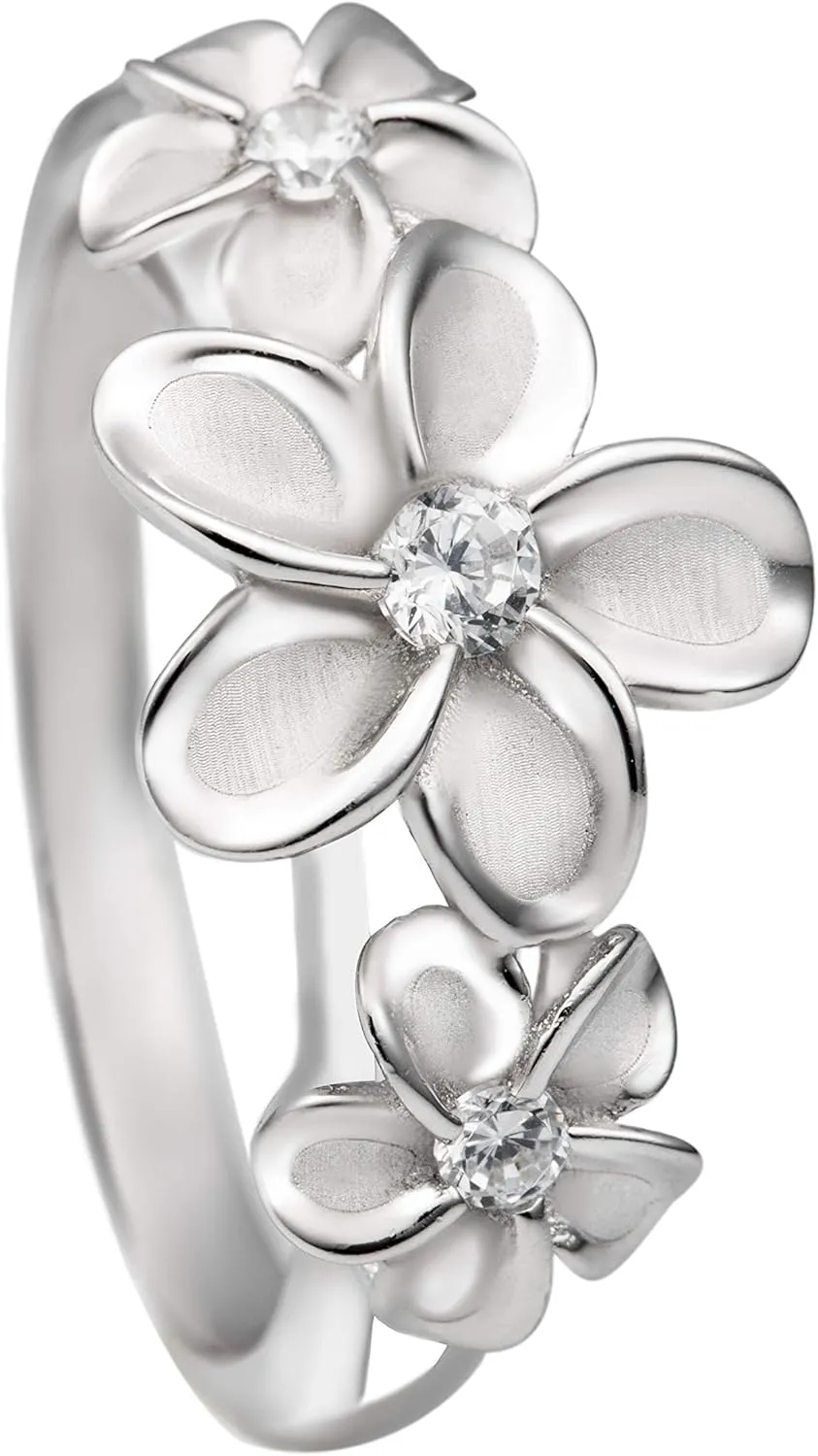 Aloha Jewelry Company 925 Sterling Silver Cubic Zirconia Three Hawaiian Plumeria Flower Eternity Band Promise Wedding Engagement Ring, Nickel Free Hypoallergenic for Sensitive Skin, Gift Box Included