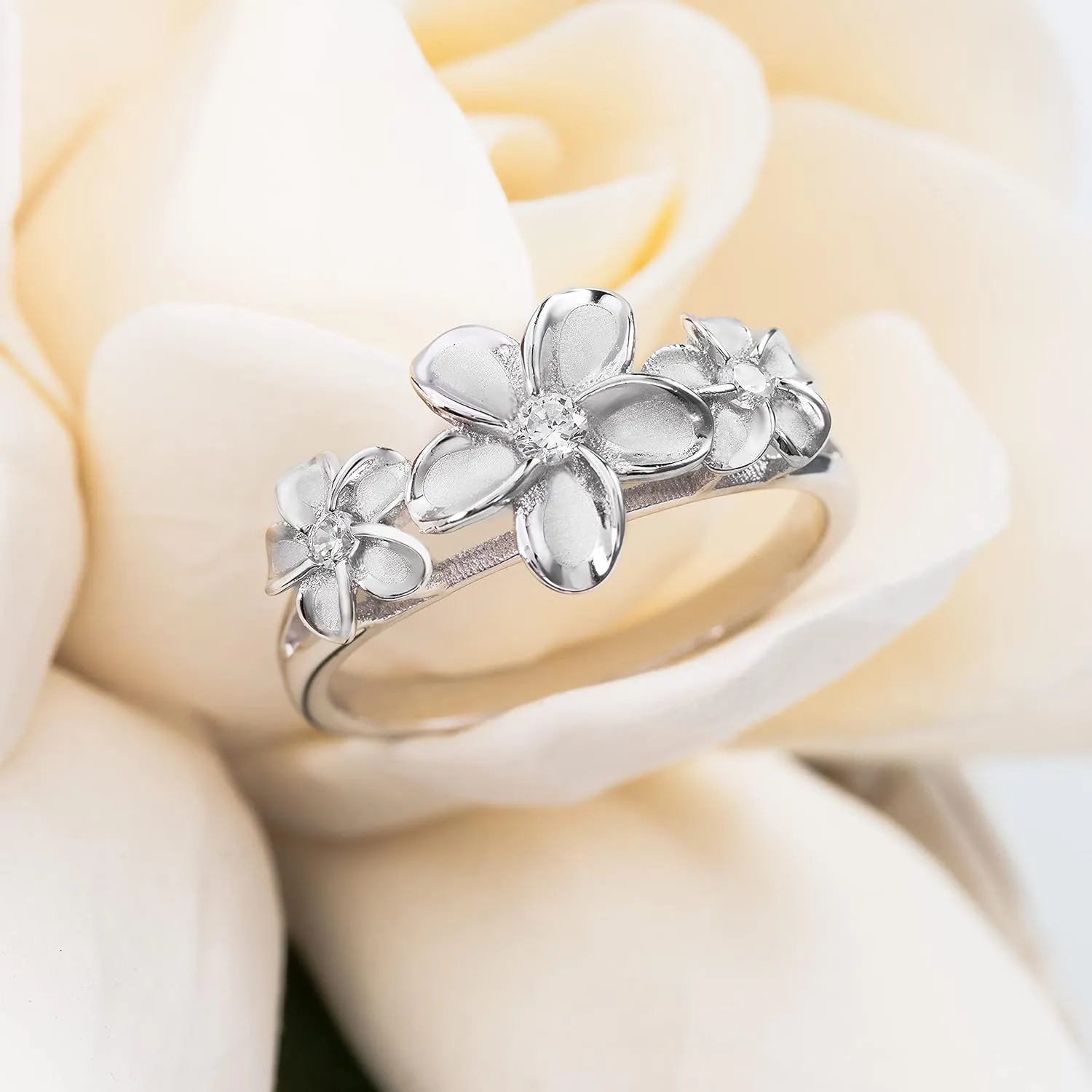 Aloha Jewelry Company 925 Sterling Silver Cubic Zirconia Three Hawaiian Plumeria Flower Eternity Band Promise Wedding Engagement Ring, Nickel Free Hypoallergenic for Sensitive Skin, Gift Box Included