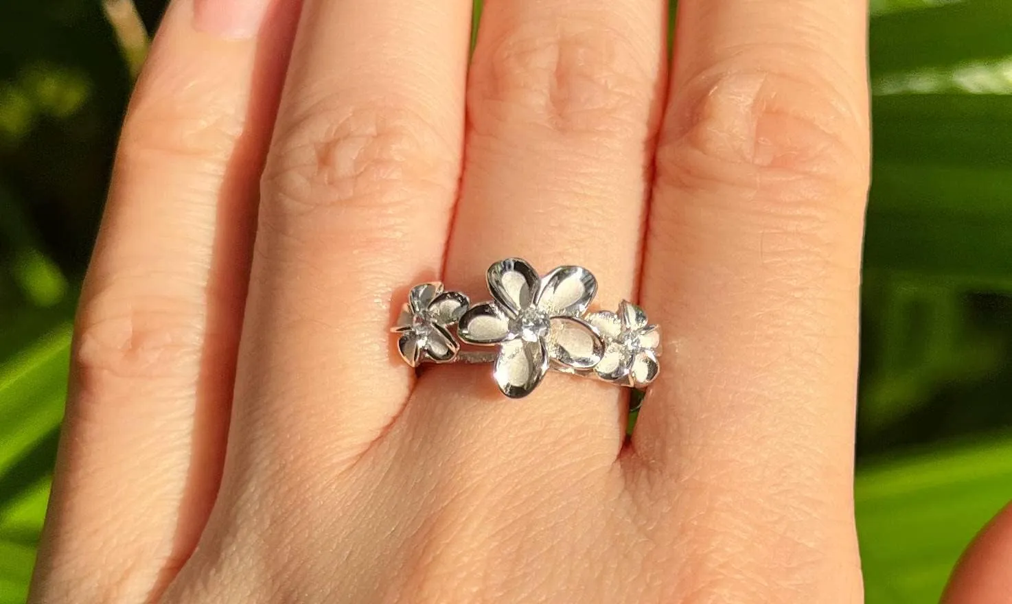 Aloha Jewelry Company 925 Sterling Silver Cubic Zirconia Three Hawaiian Plumeria Flower Eternity Band Promise Wedding Engagement Ring, Nickel Free Hypoallergenic for Sensitive Skin, Gift Box Included