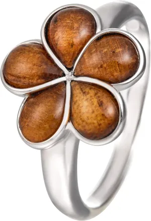 Aloha Jewelry Company 925 Sterling Silver Koa Wood Hawaiian Plumeria Flower Wedding Band Promise Ring, Nickel Free Hypoallergenic for Sensitive Skin, Rhodium Finished, Gift Box Included