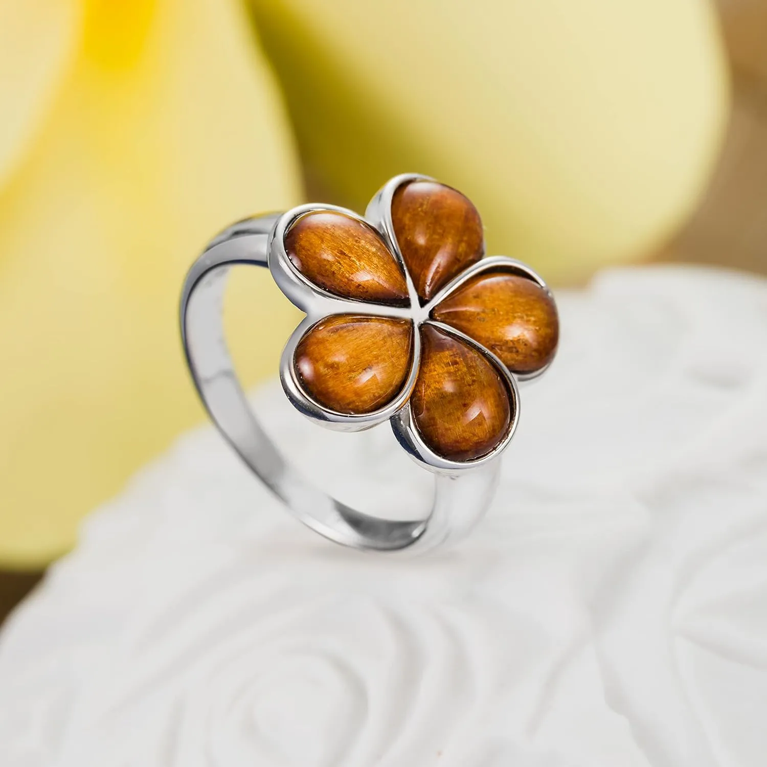Aloha Jewelry Company 925 Sterling Silver Koa Wood Hawaiian Plumeria Flower Wedding Band Promise Ring, Nickel Free Hypoallergenic for Sensitive Skin, Rhodium Finished, Gift Box Included