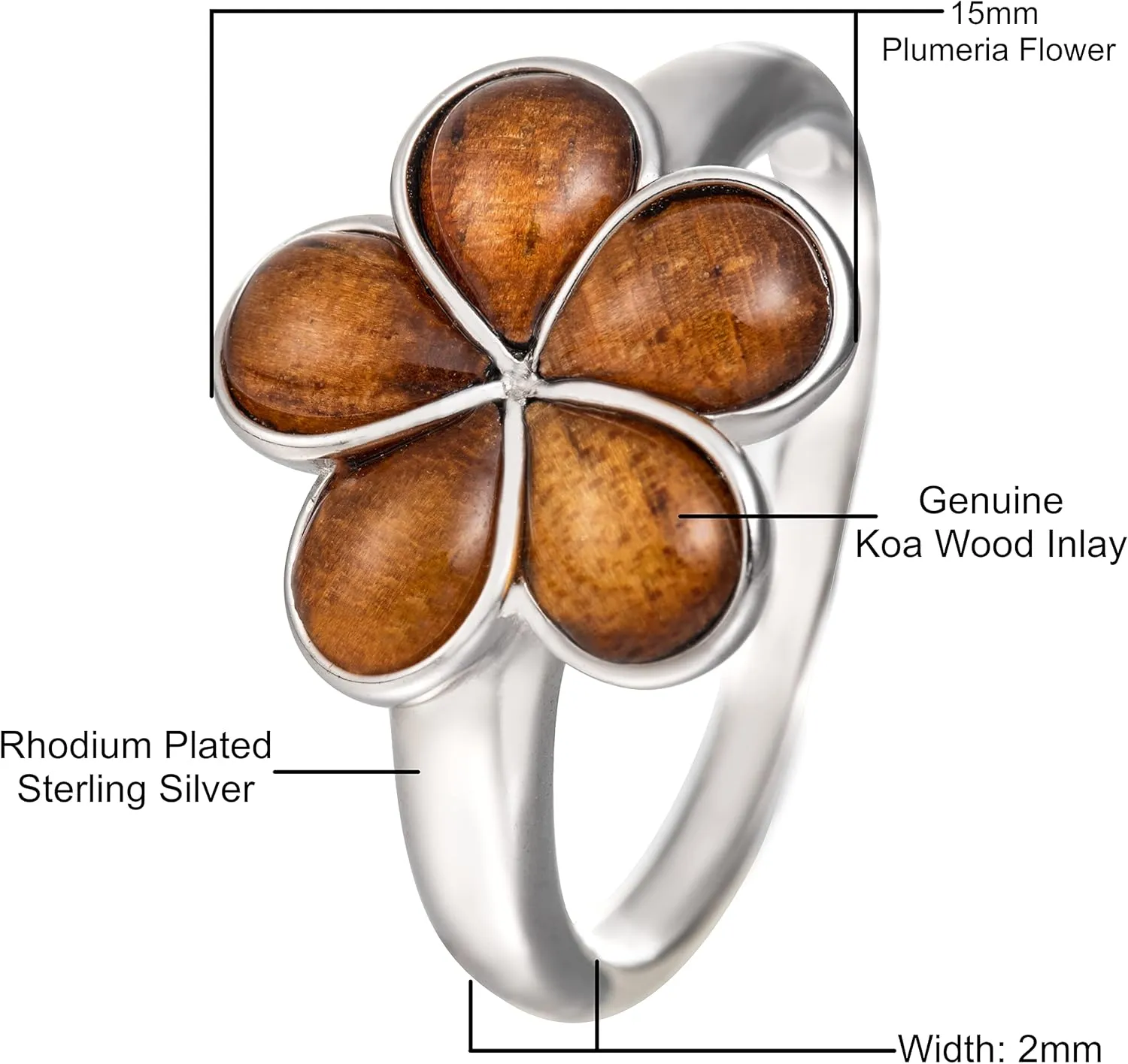 Aloha Jewelry Company 925 Sterling Silver Koa Wood Hawaiian Plumeria Flower Wedding Band Promise Ring, Nickel Free Hypoallergenic for Sensitive Skin, Rhodium Finished, Gift Box Included