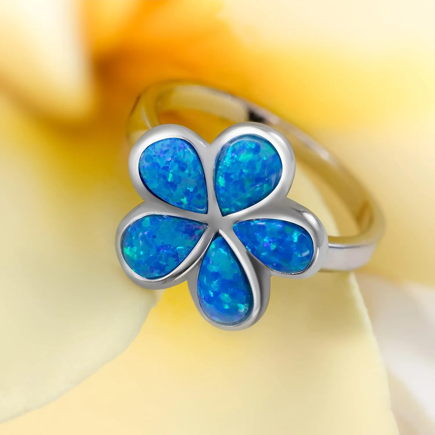 Aloha Jewelry Company 925 Sterling Silver Opal Hawaiian Plumeria Flower Wedding Band Promise Ring, White Blue Opal, Nickel Free Hypoallergenic for Sensitive Skin, Gift Box Included