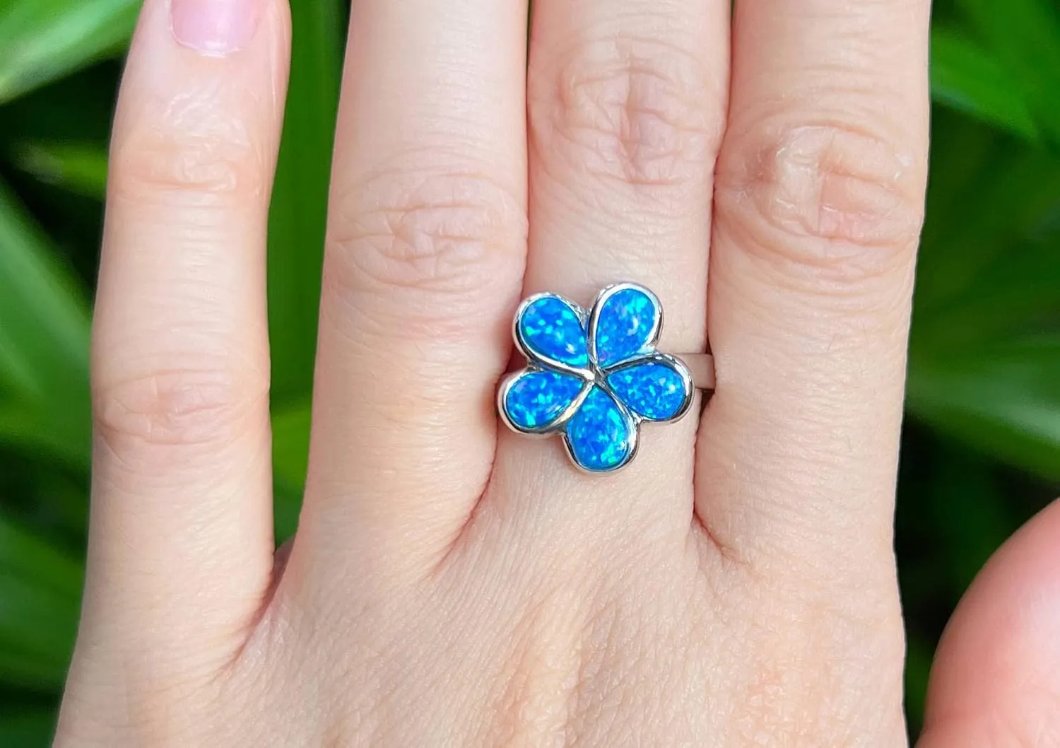 Aloha Jewelry Company 925 Sterling Silver Opal Hawaiian Plumeria Flower Wedding Band Promise Ring, White Blue Opal, Nickel Free Hypoallergenic for Sensitive Skin, Gift Box Included