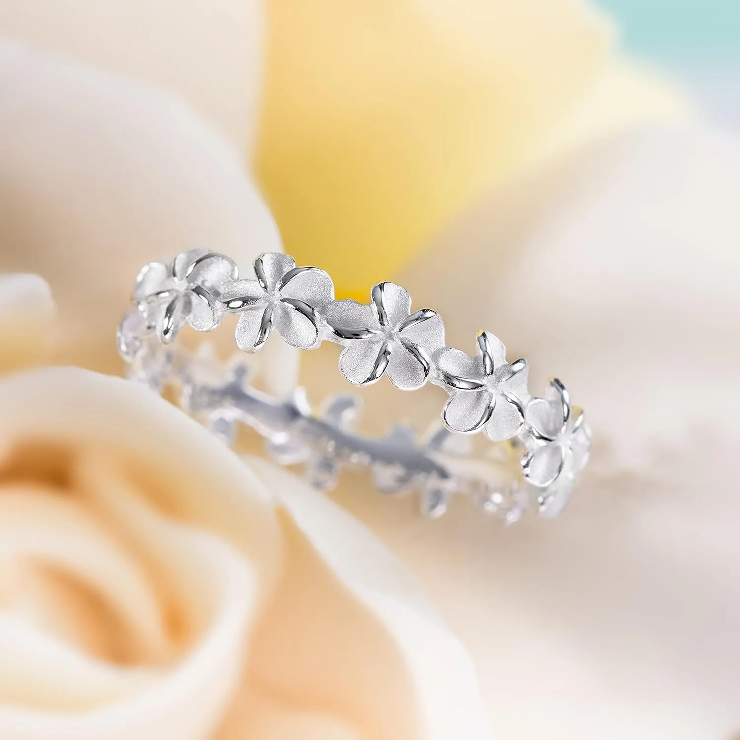 Aloha Jewelry Company 925 Sterling Silver Plumeria Flower Eternity Wedding Engagement Band Stackable Promise Ring, Nickel Free Hypoallergenic for Sensitive Skin, with Gift Box