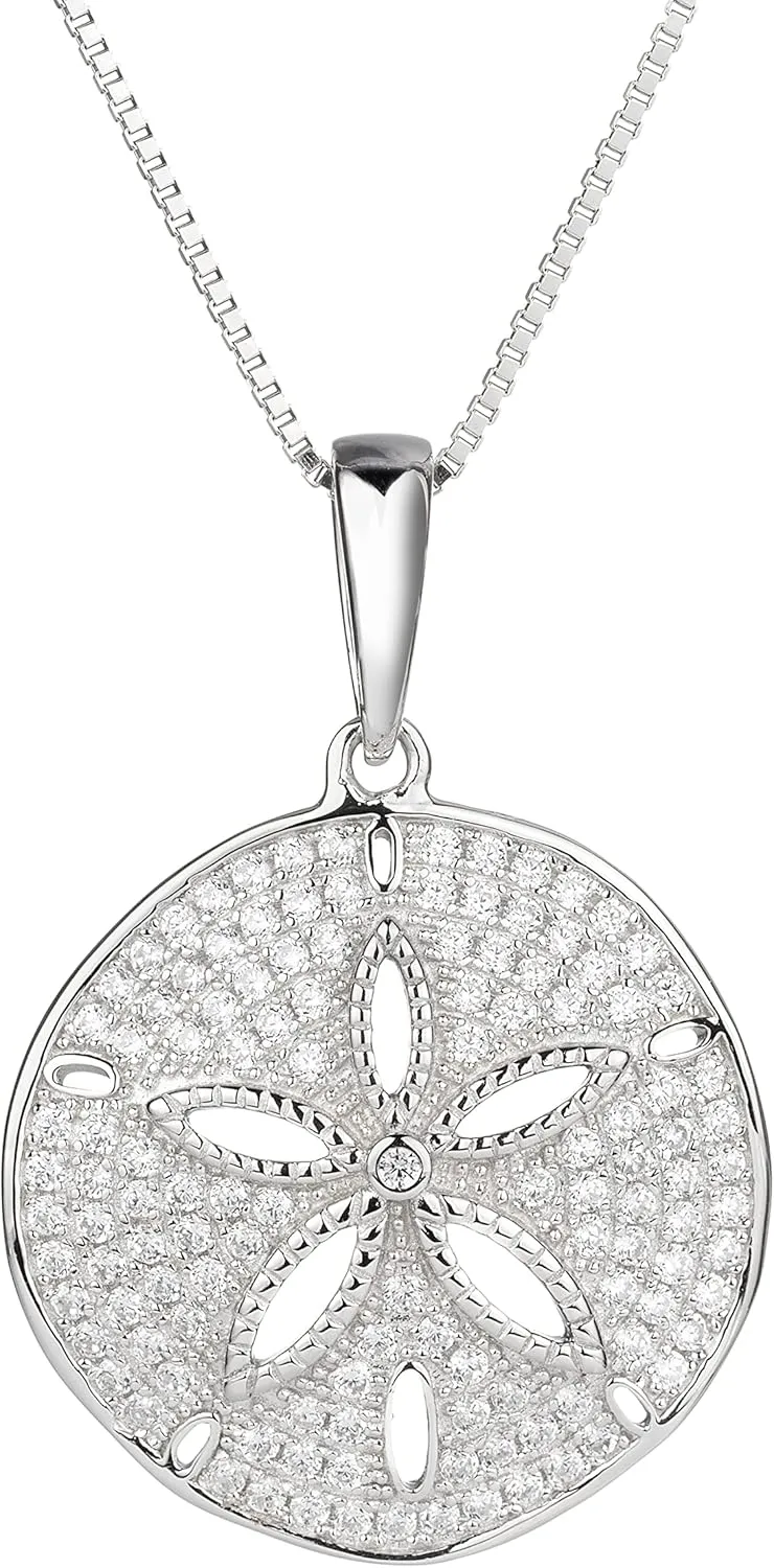 Aloha Jewelry Company 925 Sterling Silver Sand Dollar Cubic Zirconia Pave Sea Life Charm Necklace Pedant with 18" Box Chain, Nickle Free Hypoallergenic for Sensitive Skin, with Gift Box