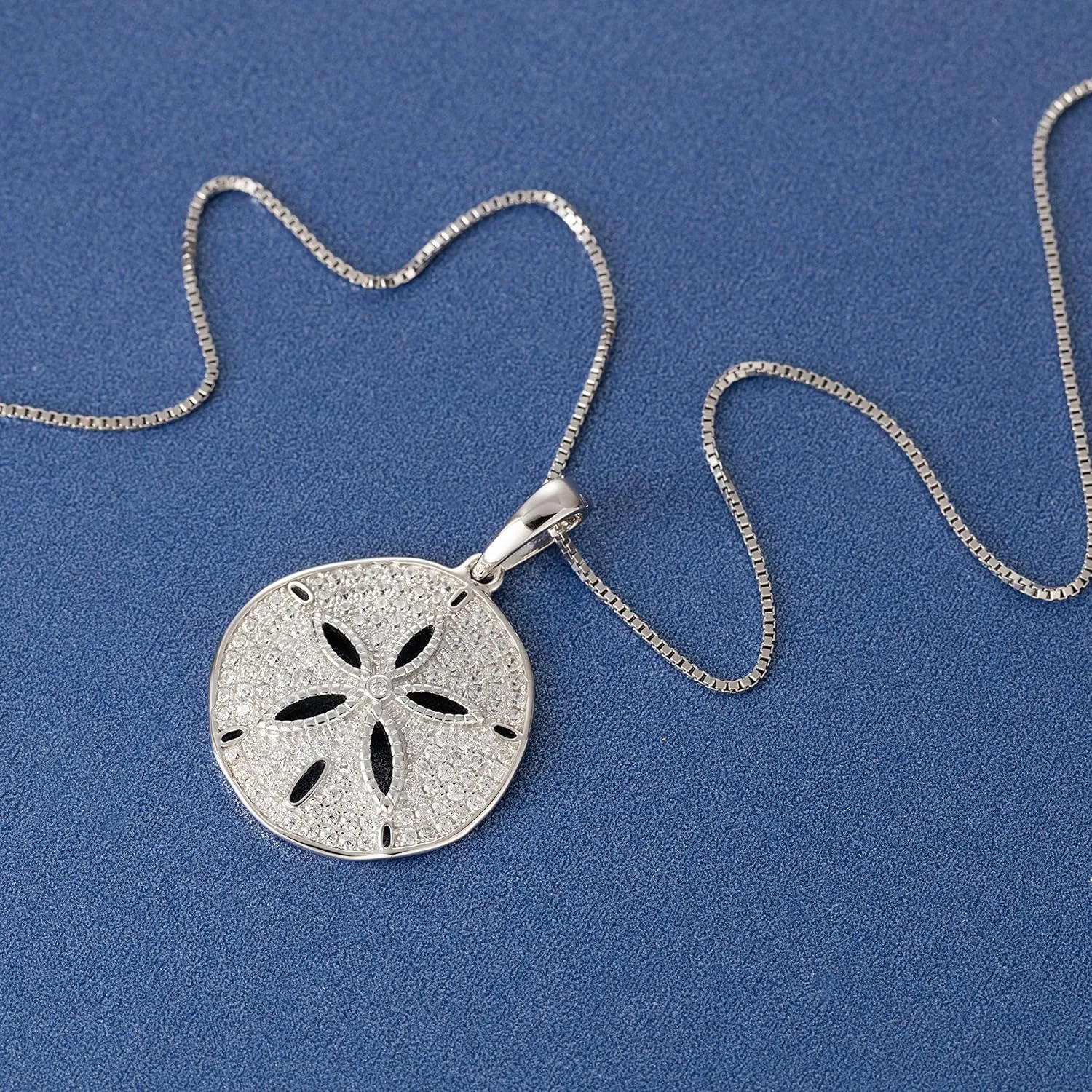 Aloha Jewelry Company 925 Sterling Silver Sand Dollar Cubic Zirconia Pave Sea Life Charm Necklace Pedant with 18" Box Chain, Nickle Free Hypoallergenic for Sensitive Skin, with Gift Box