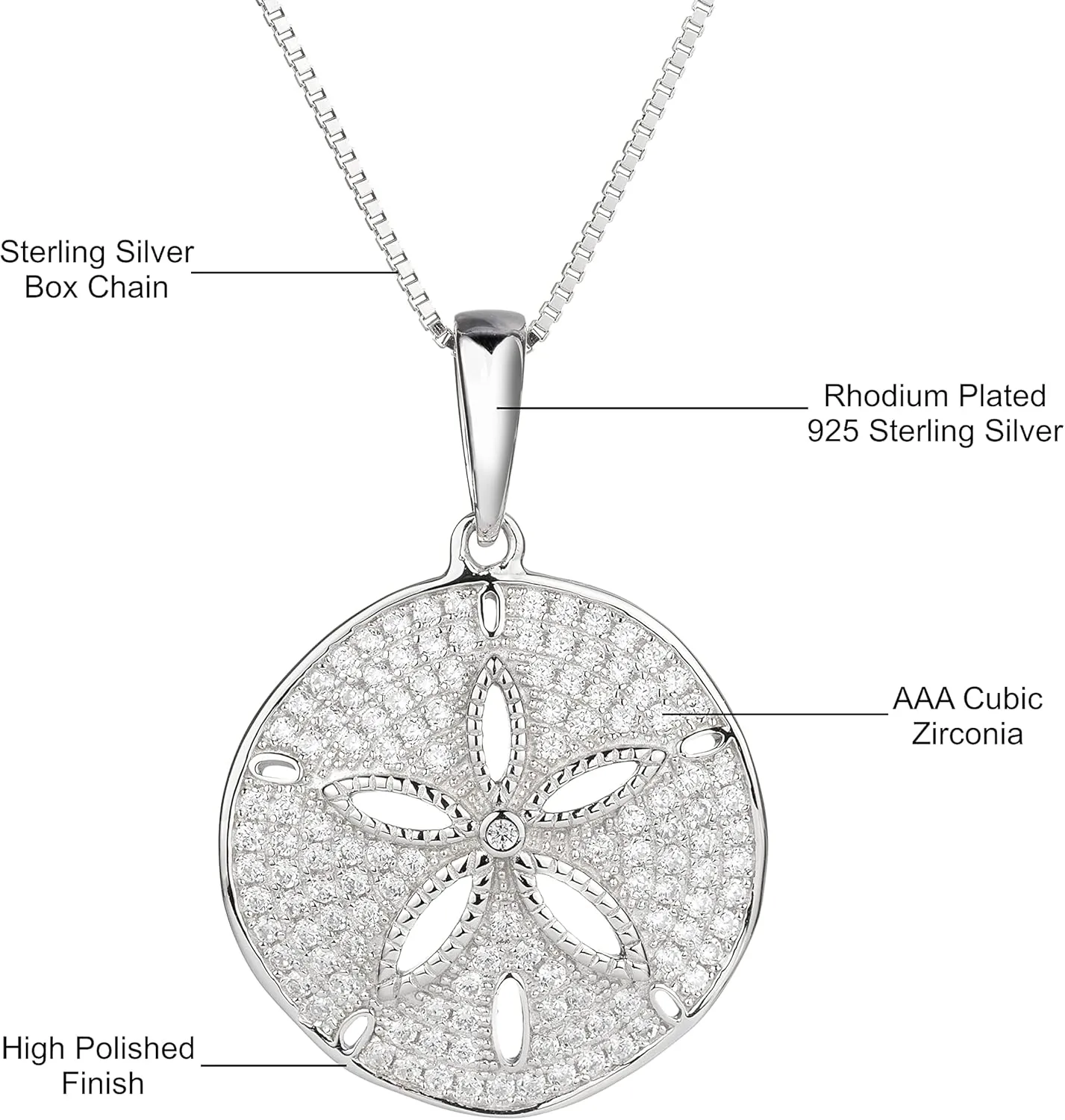 Aloha Jewelry Company 925 Sterling Silver Sand Dollar Cubic Zirconia Pave Sea Life Charm Necklace Pedant with 18" Box Chain, Nickle Free Hypoallergenic for Sensitive Skin, with Gift Box