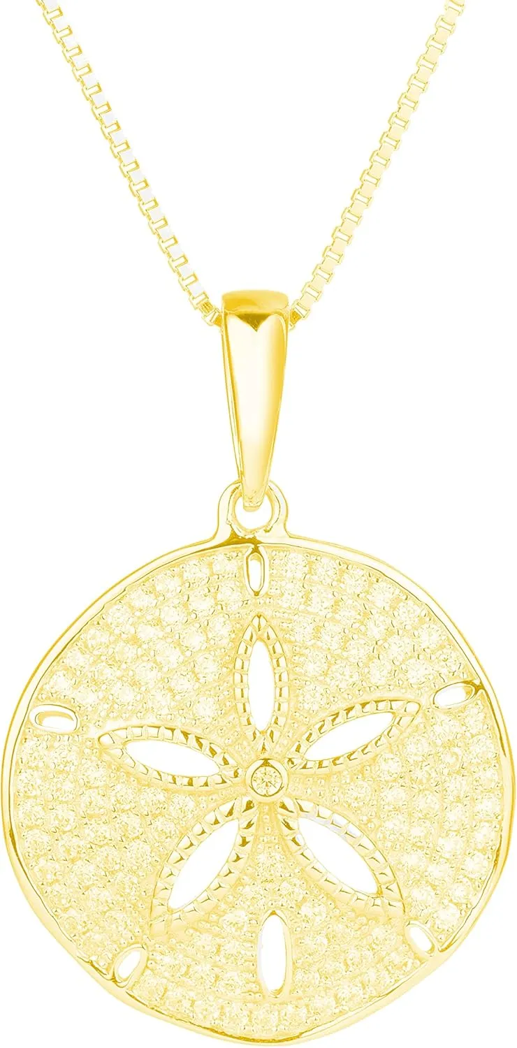 Aloha Jewelry Company 925 Sterling Silver Sand Dollar Topaz Pave Sea Life Charm Necklace Pedant with 18" Box Chain, Nickle Free Hypoallergenic for Sensitive Skin, with Gift Box (Classic, Gold)