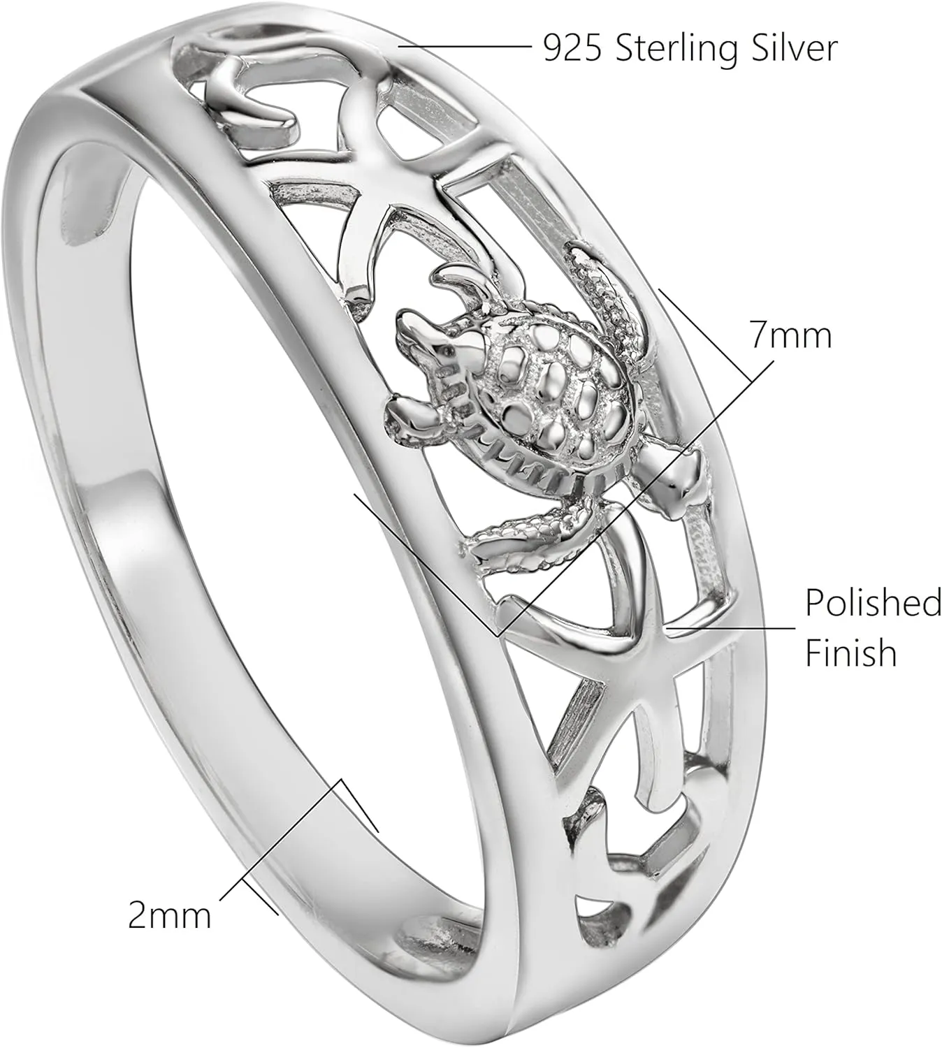 Aloha Jewelry Company 925 Sterling Silver Tapered Hawaiian Sea Turtle and Starfish Ring Wedding Engagement Promise Band, Nickel Free Hypoallergenic for Sensitive Skin, with Gift Box
