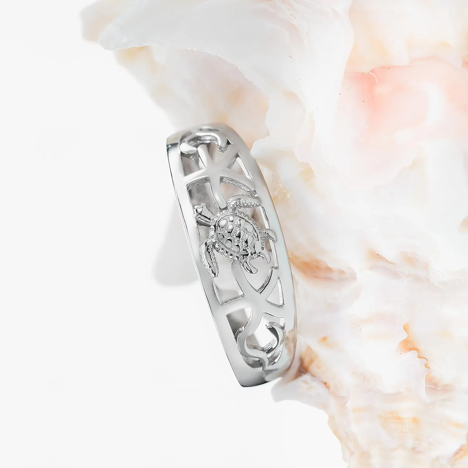 Aloha Jewelry Company 925 Sterling Silver Tapered Hawaiian Sea Turtle and Starfish Ring Wedding Engagement Promise Band, Nickel Free Hypoallergenic for Sensitive Skin, with Gift Box