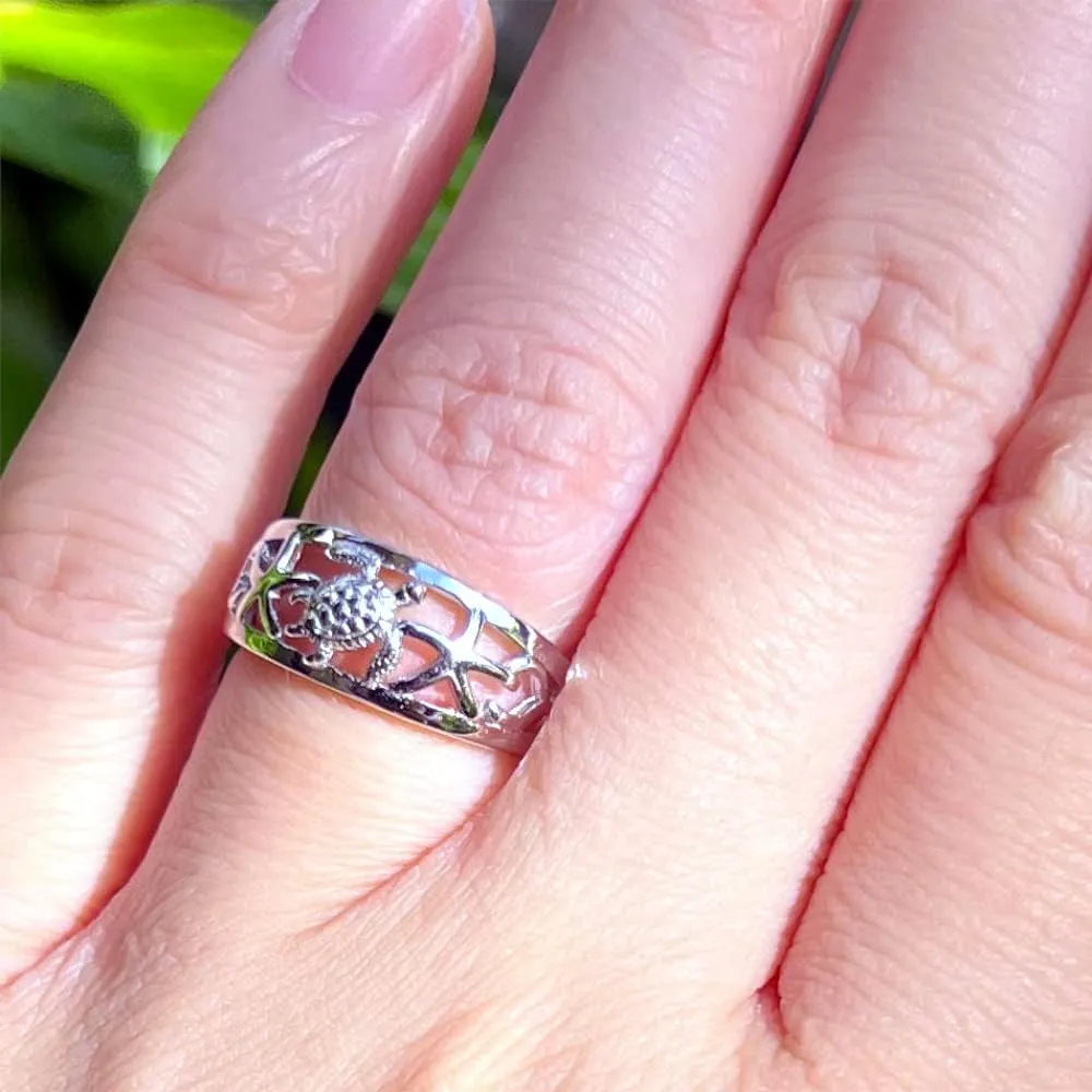 Aloha Jewelry Company 925 Sterling Silver Tapered Hawaiian Sea Turtle and Starfish Ring Wedding Engagement Promise Band, Nickel Free Hypoallergenic for Sensitive Skin, with Gift Box