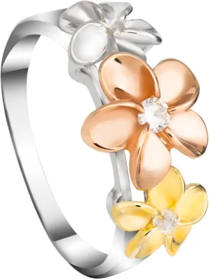 Aloha Jewelry Company Sterling Silver 14K Gold Pated Tri-Color Cubic Zirconia Three Hawaiian Plumeria Flower Ring (9)