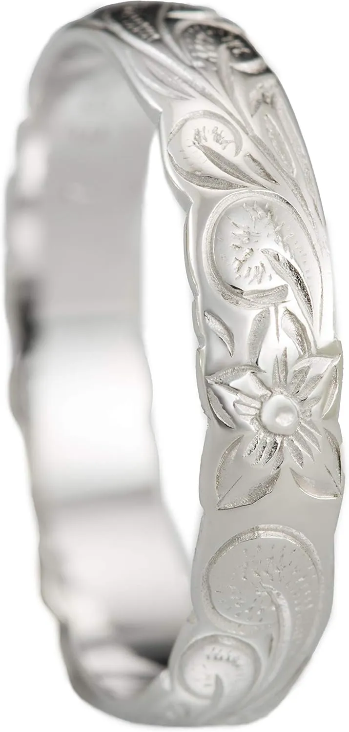 Aloha Jewelry Company Sterling Silver 4mm Hawaiian Princess Plumeria Flower Scroll Ring Stackable Wedding Band (Silver, 7)