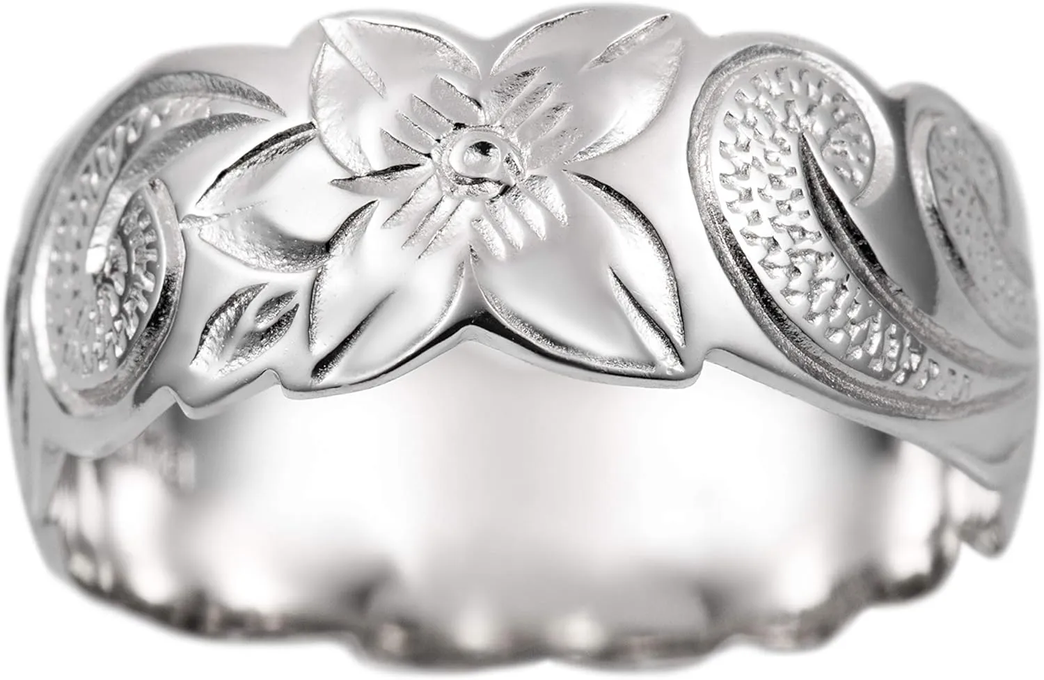 Aloha Jewelry Company Sterling Silver 8mm Hawaiian Princess Plumeria Flower Scroll Ring Stackable Wedding Band (Silver, 9)