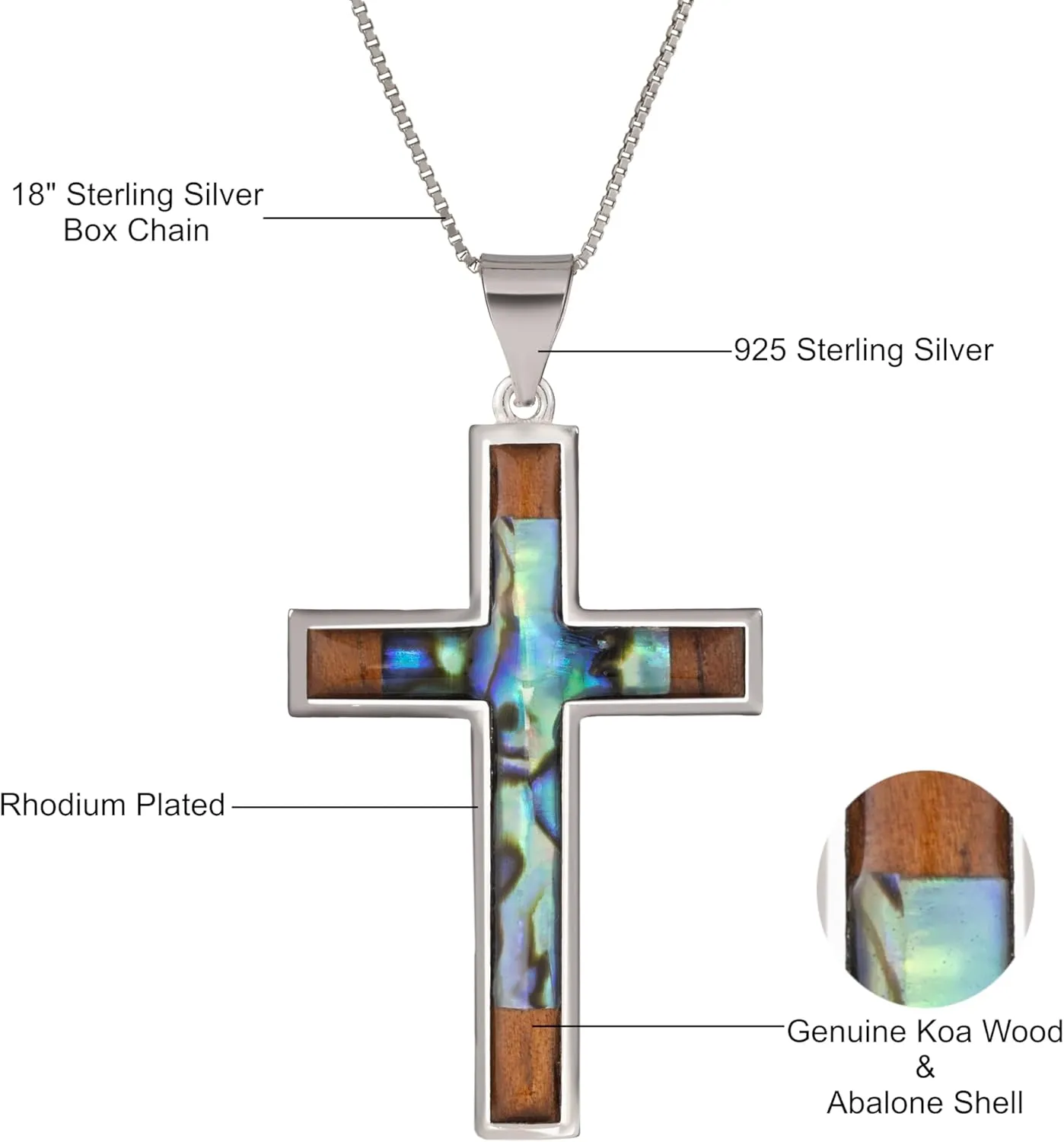 Aloha Jewelry Company Sterling Silver Koa Wood and Abalone Shell Inlay Cross Crucifix Necklace Pendant with 18" Box Chain, Nickel Free Hypoallergenic for Sensitive Skin, Gift Box Included