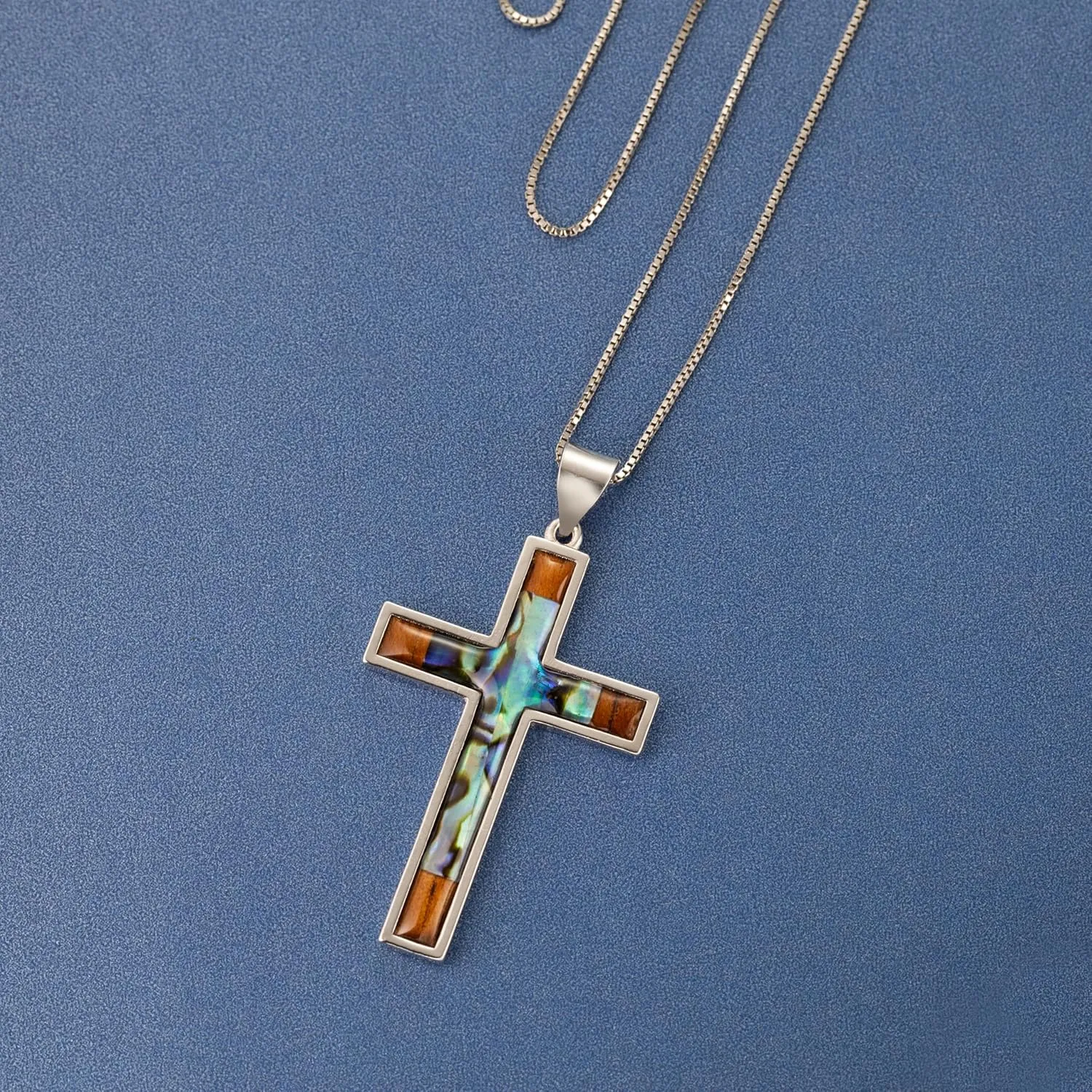 Aloha Jewelry Company Sterling Silver Koa Wood and Abalone Shell Inlay Cross Crucifix Necklace Pendant with 18" Box Chain, Nickel Free Hypoallergenic for Sensitive Skin, Gift Box Included