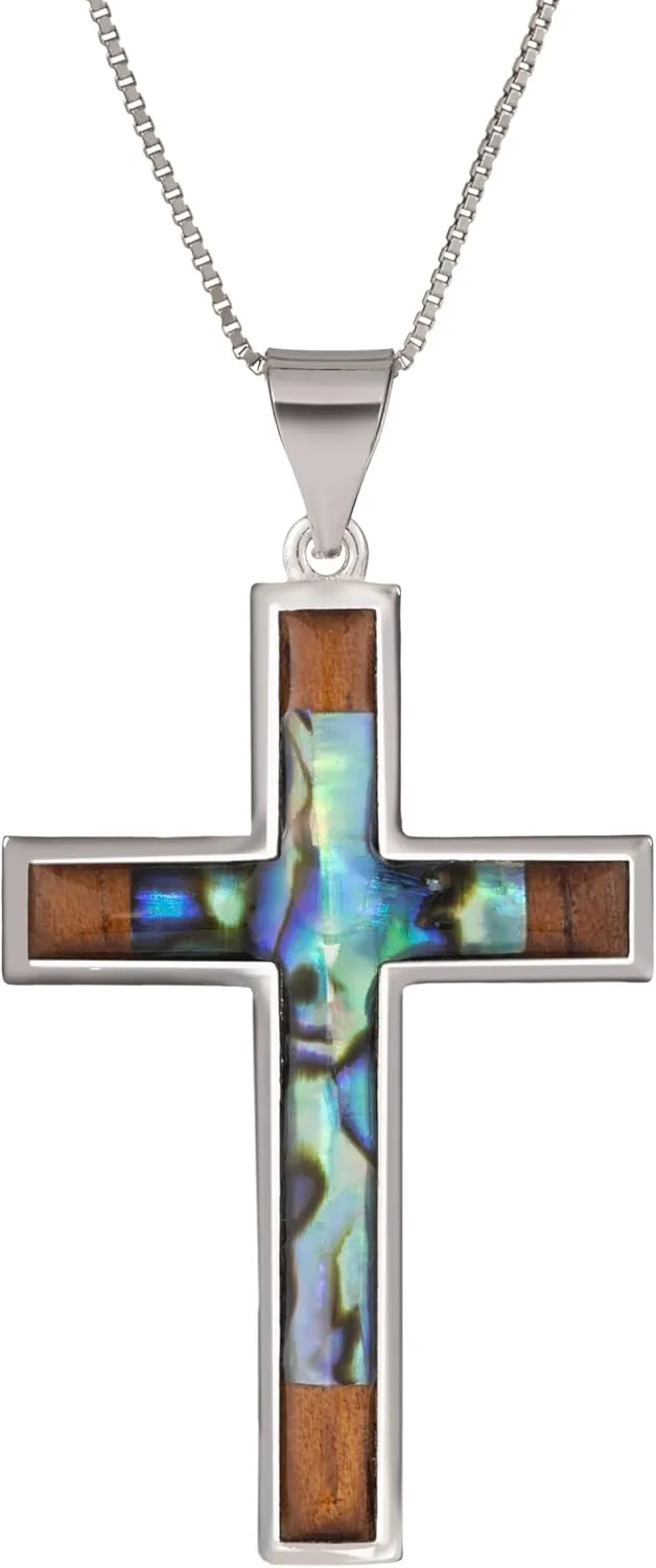 Aloha Jewelry Company Sterling Silver Koa Wood and Abalone Shell Inlay Cross Crucifix Necklace Pendant with 18" Box Chain, Nickel Free Hypoallergenic for Sensitive Skin, Gift Box Included