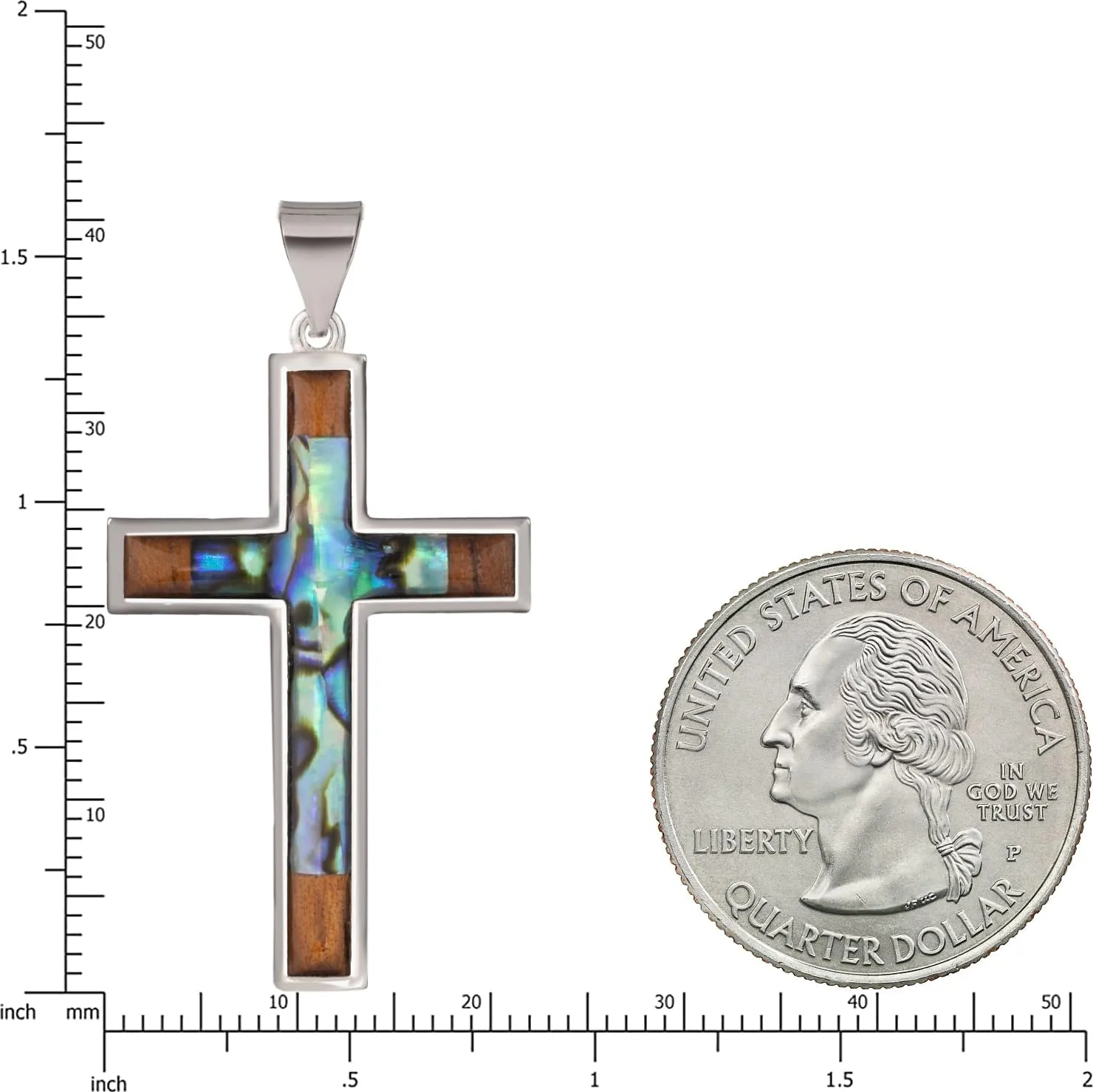 Aloha Jewelry Company Sterling Silver Koa Wood and Abalone Shell Inlay Cross Crucifix Necklace Pendant with 18" Box Chain, Nickel Free Hypoallergenic for Sensitive Skin, Gift Box Included