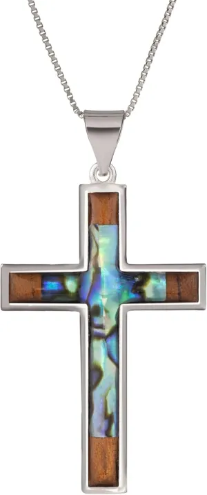 Aloha Jewelry Company Sterling Silver Koa Wood and Abalone Shell Inlay Cross Crucifix Necklace Pendant with 18" Box Chain, Nickel Free Hypoallergenic for Sensitive Skin, Gift Box Included