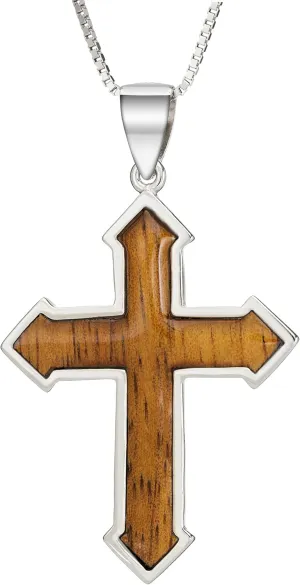 Aloha Jewelry Company Sterling Silver Koa Wood Inlay Cross Crucifix Necklace Pendant with 18" Box Chain, Nickel Free Hypoallergenic for Sensitive Skin, Gift Box Included (Pointed Cross)