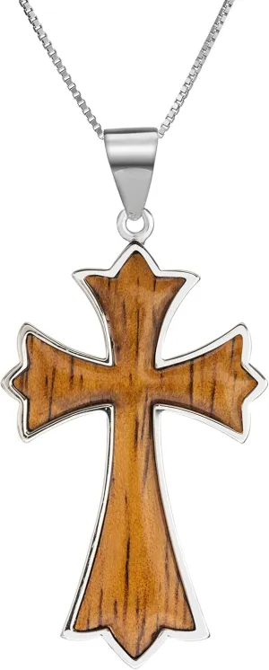 Aloha Jewelry Company Sterling Silver Koa Wood Inlay Cross Crucifix Necklace Pendant with 18" Box Chain, Nickel Free Hypoallergenic for Sensitive Skin, Gift Box Included