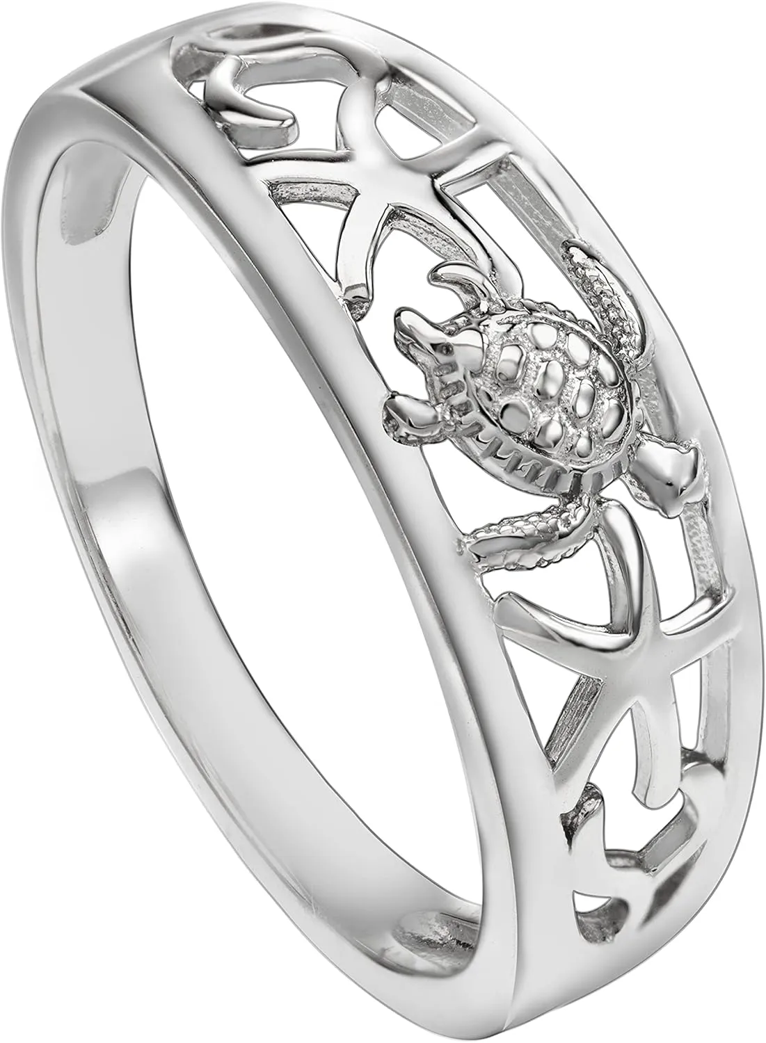 Aloha Jewelry Company Sterling Silver Tapered Hawaiian Turtle and Starfish Ring Wedding Band, Sizes 4-10 (7)