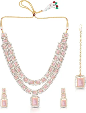 American/AD Two-Layered | Sparkling Square-Shaped Rhinestone Crystal Design Necklace | Dangle Earrings and Maang Tikka for Wedding Jewellery Set for Women
