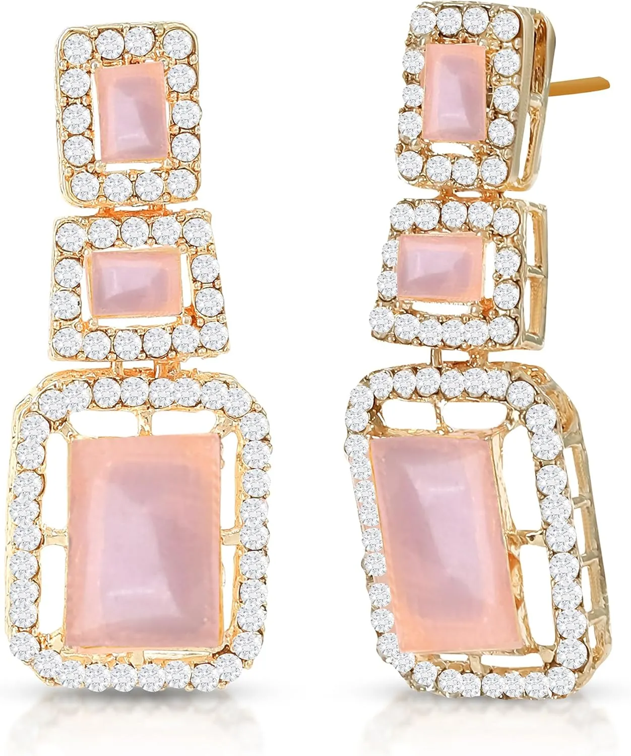 American/AD Two-Layered | Sparkling Square-Shaped Rhinestone Crystal Design Necklace | Dangle Earrings and Maang Tikka for Wedding Jewellery Set for Women