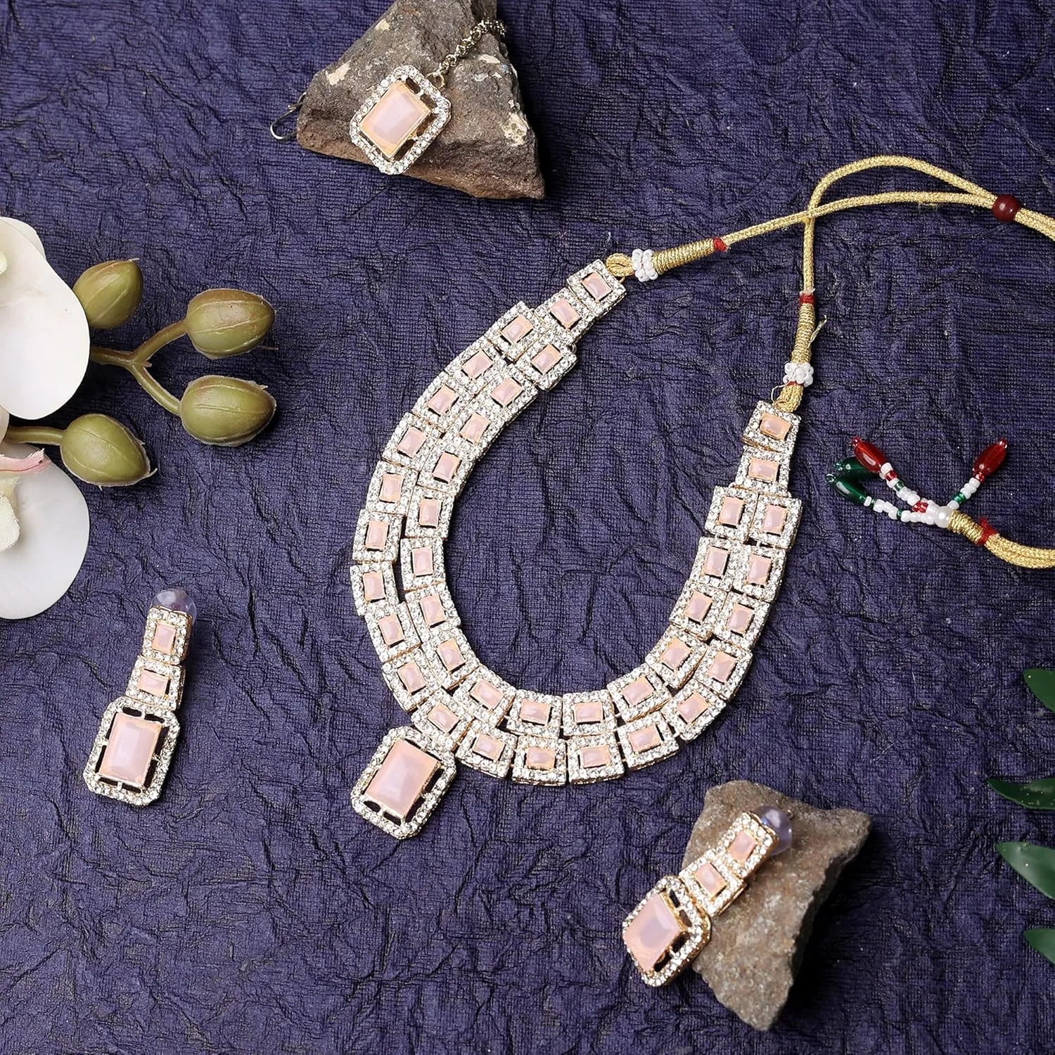 American/AD Two-Layered | Sparkling Square-Shaped Rhinestone Crystal Design Necklace | Dangle Earrings and Maang Tikka for Wedding Jewellery Set for Women