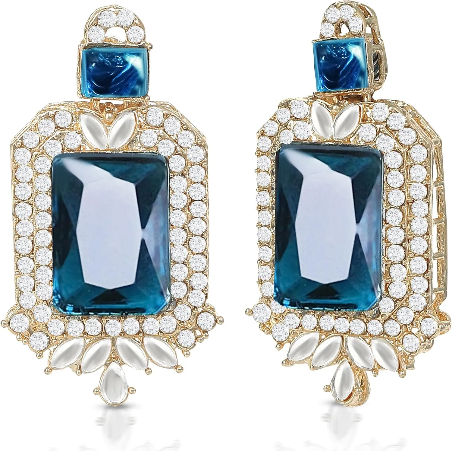 American/AD Two-Layered | Sparkling Square-Shaped Rhinestone Crystal Design Necklace | Dangle Earrings and Maang Tikka for Wedding Jewellery Set for Women