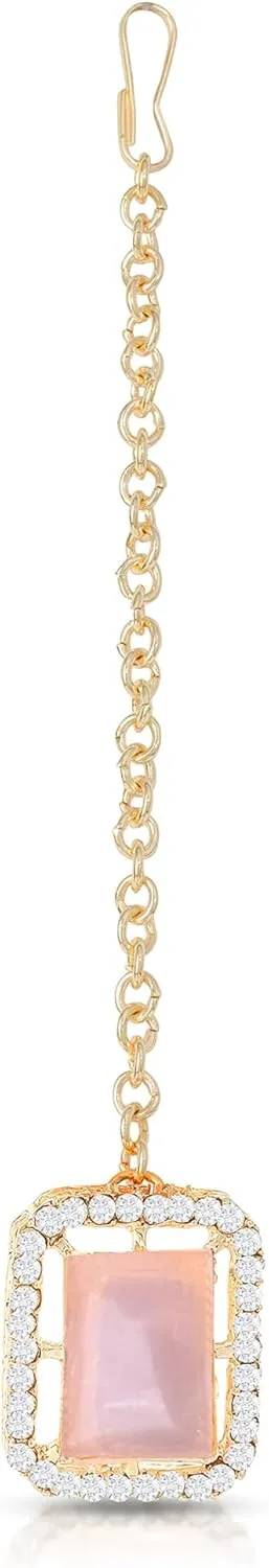American/AD Two-Layered | Sparkling Square-Shaped Rhinestone Crystal Design Necklace | Dangle Earrings and Maang Tikka for Wedding Jewellery Set for Women