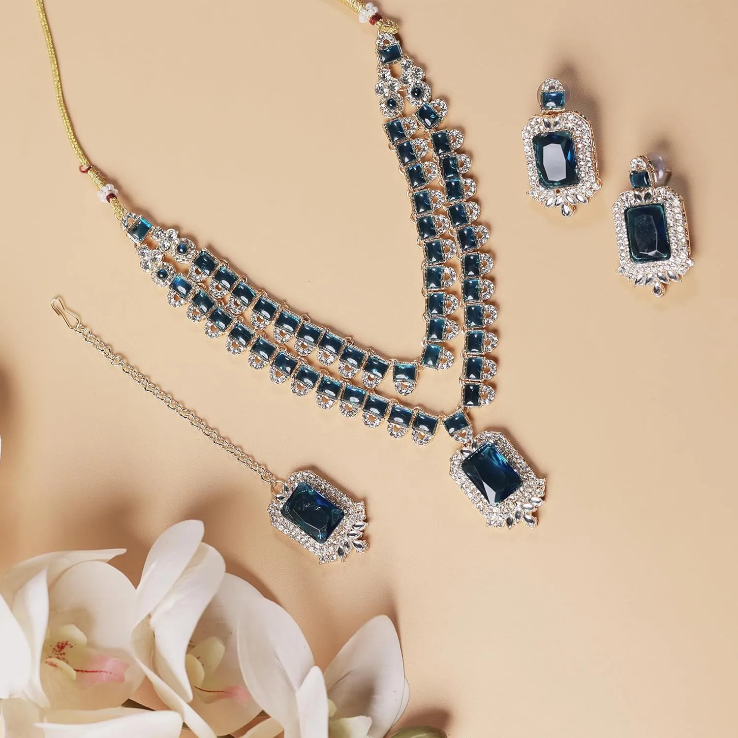 American/AD Two-Layered | Sparkling Square-Shaped Rhinestone Crystal Design Necklace | Dangle Earrings and Maang Tikka for Wedding Jewellery Set for Women