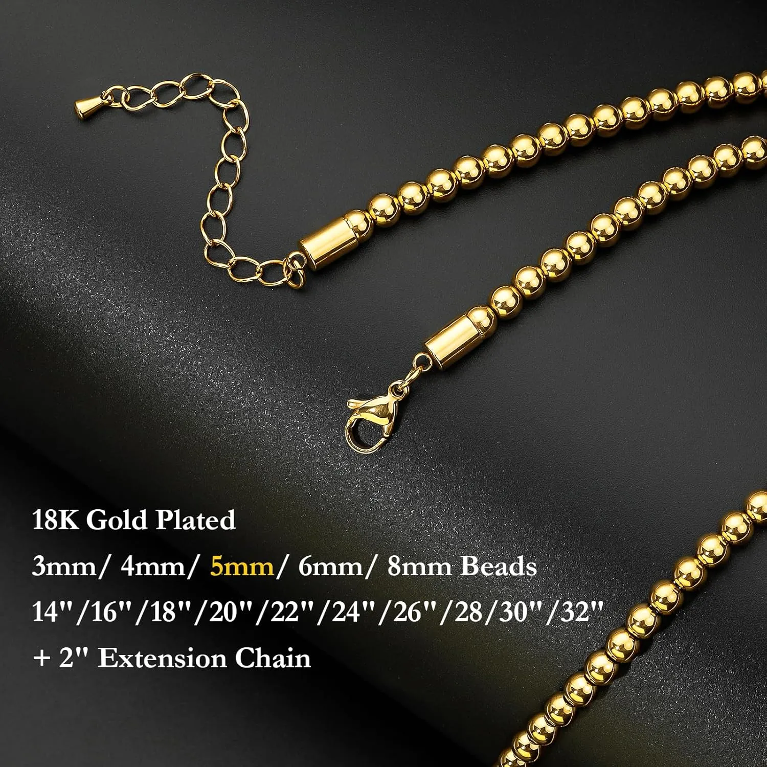 AMITER Gold/Silver Painted Bead Necklace, 3mm/ 4mm/ 5mm/ 6mm/ 8mm Ball Beaded Chain Necklaces for Women & Men